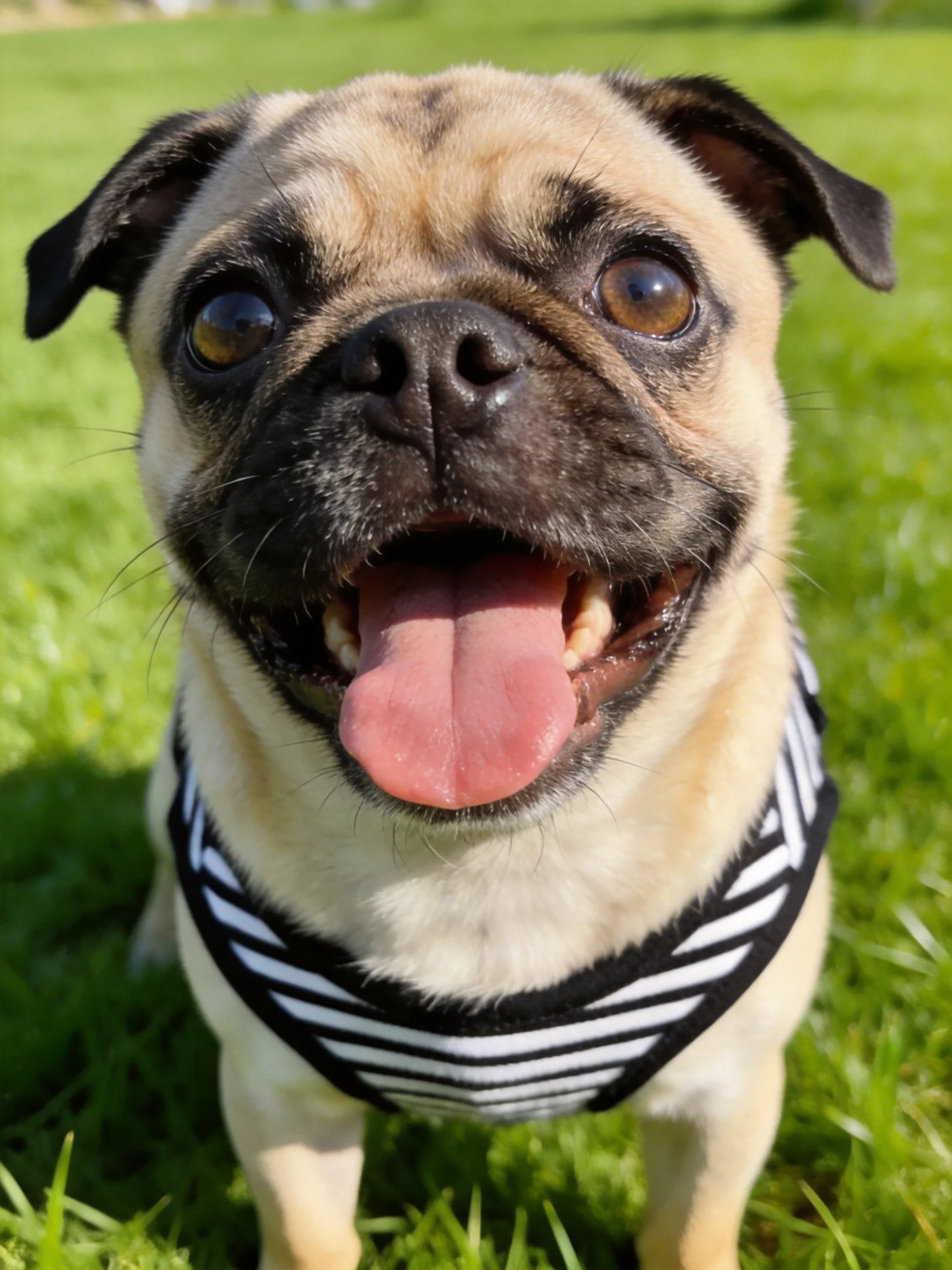 A happy pug dog wears a striped outfit while sitting on green grass.