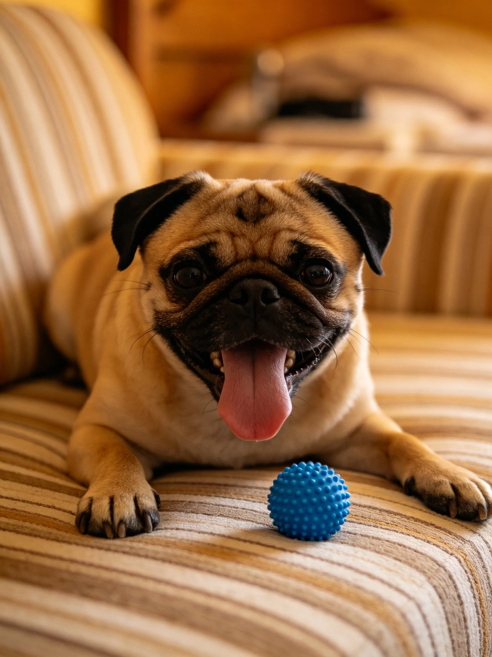 A cheerful pug relaxes on a striped couch next to a blue textured ball