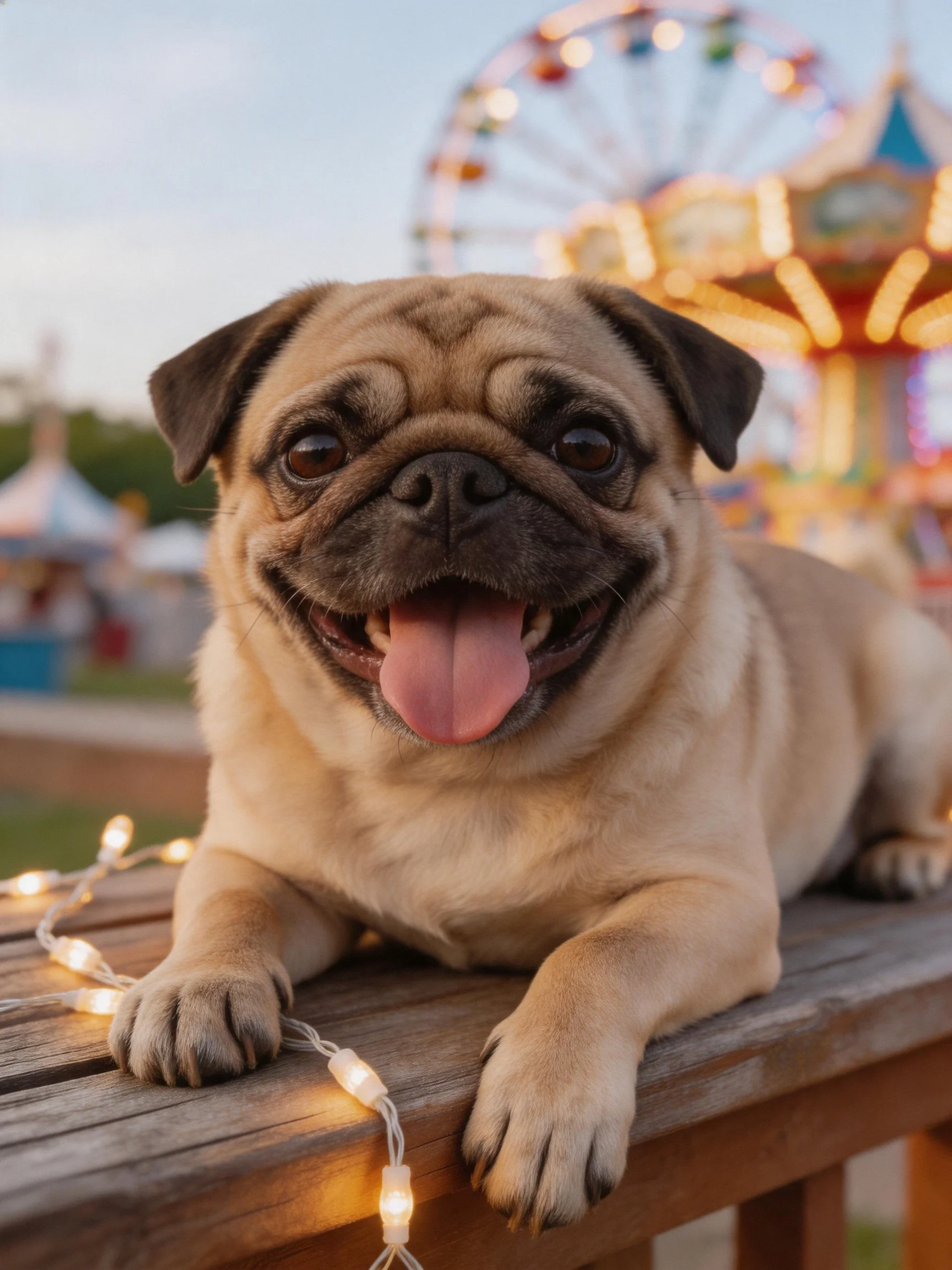 A happy pug relaxes on a wooden bench with a vibrant carnival backdrop.