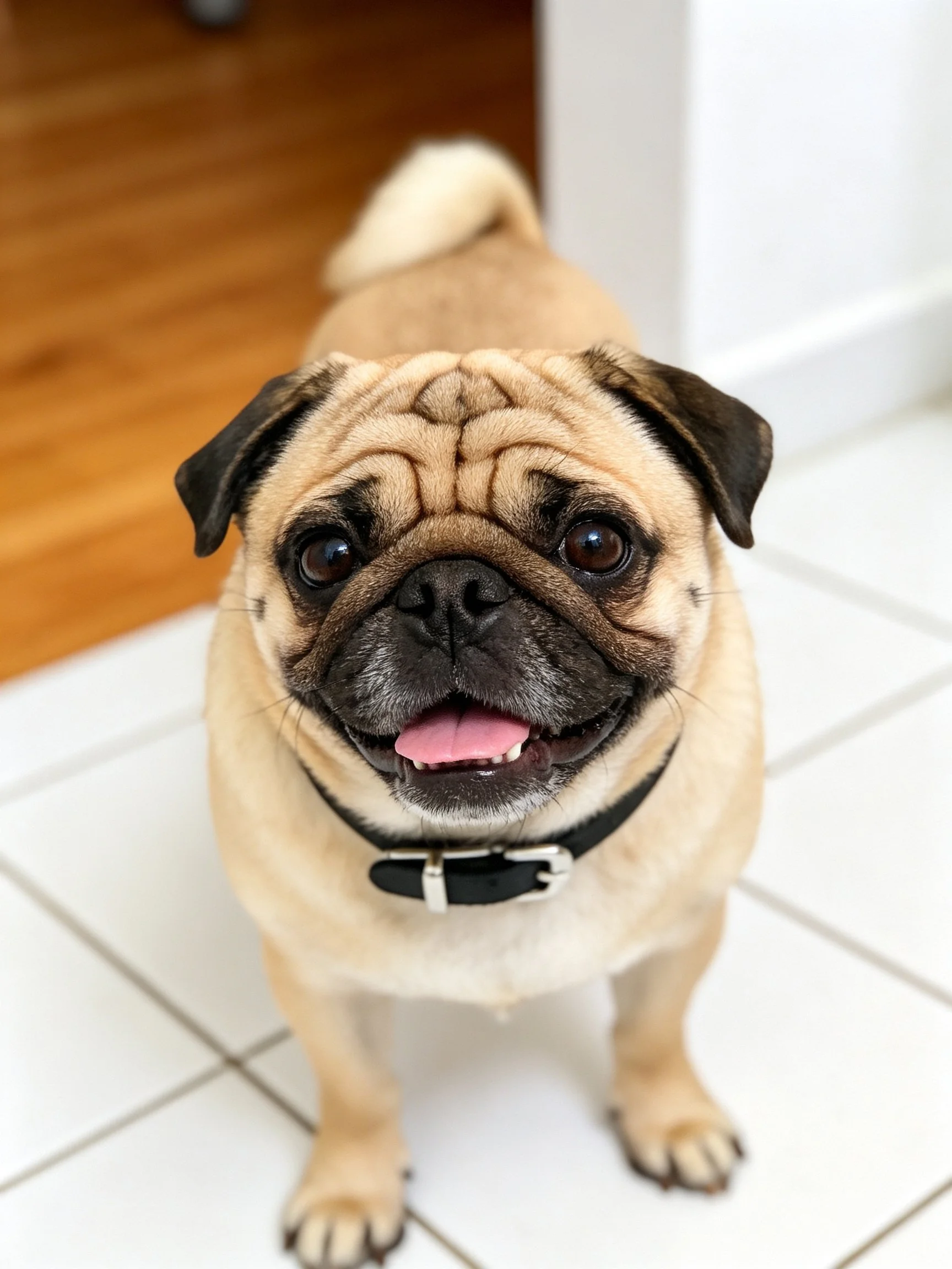 A cheerful pug with a black collar stands on white tiled flooring.