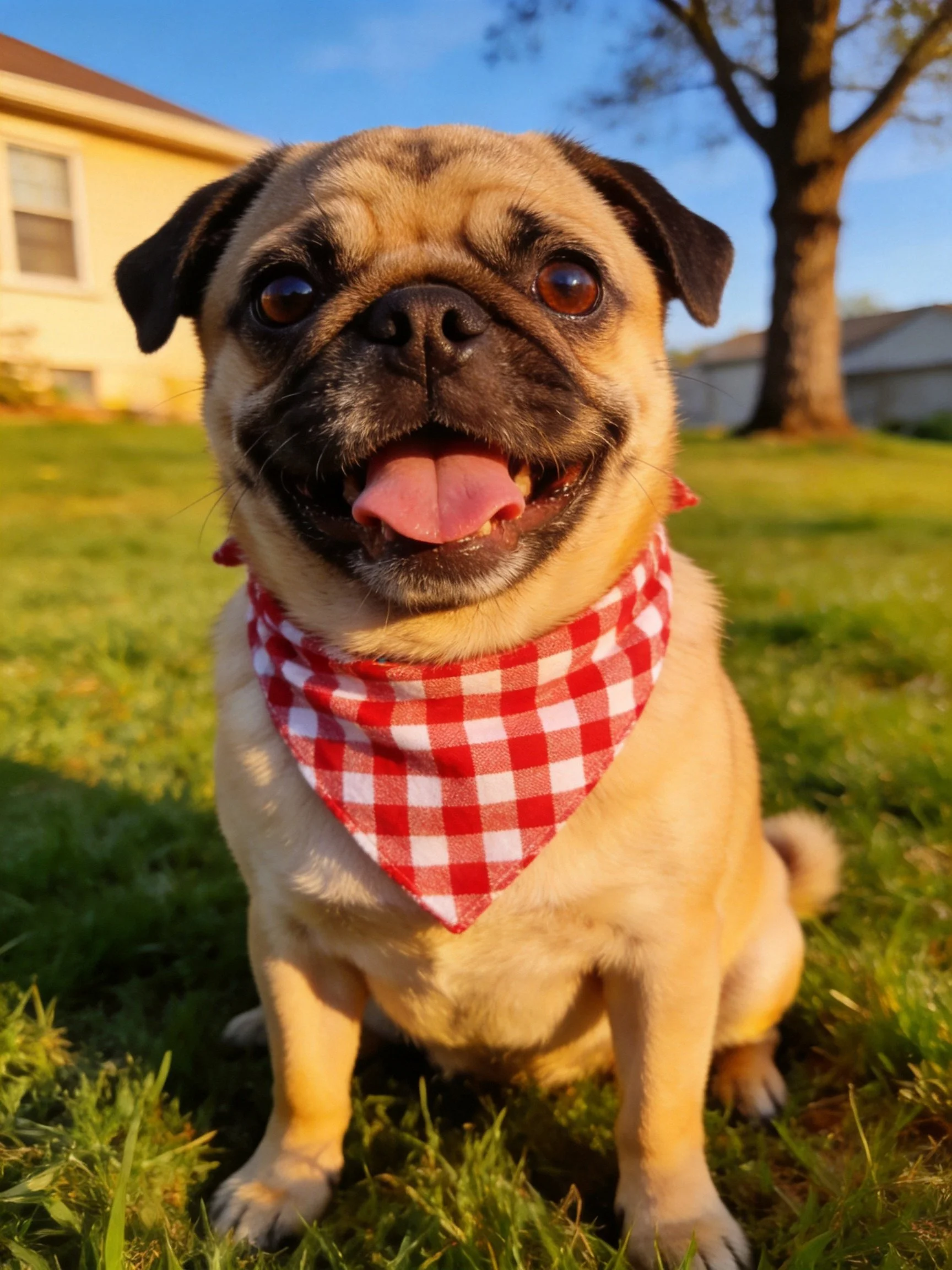 A happy pug wearing a red-and-white bandana enjoys time outdoors on grass