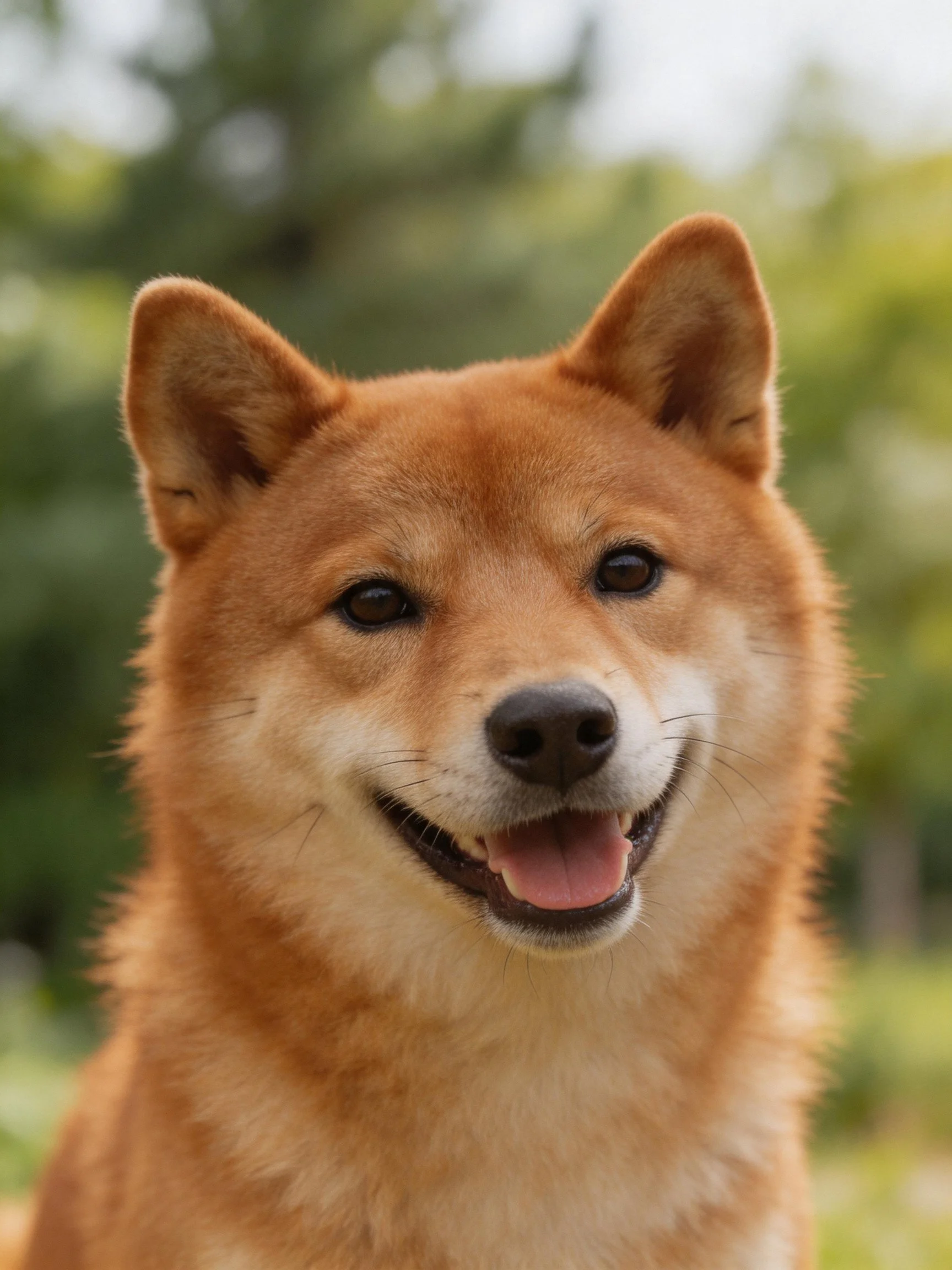 A cheerful reddish-brown Shiba Inu with upright ears in a natural setting