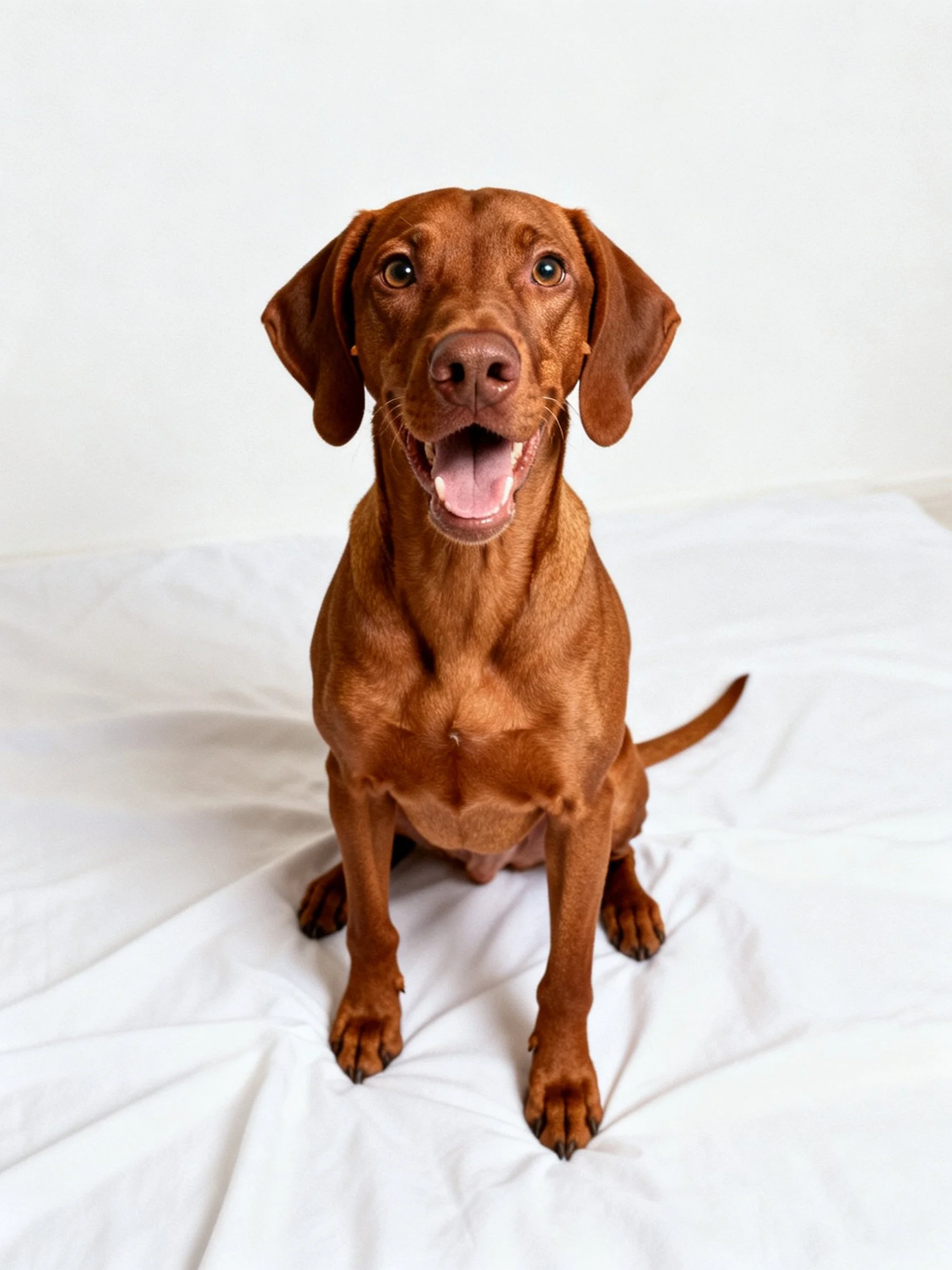 A cheerful reddish-brown dog sits happily on a white fabric surface.