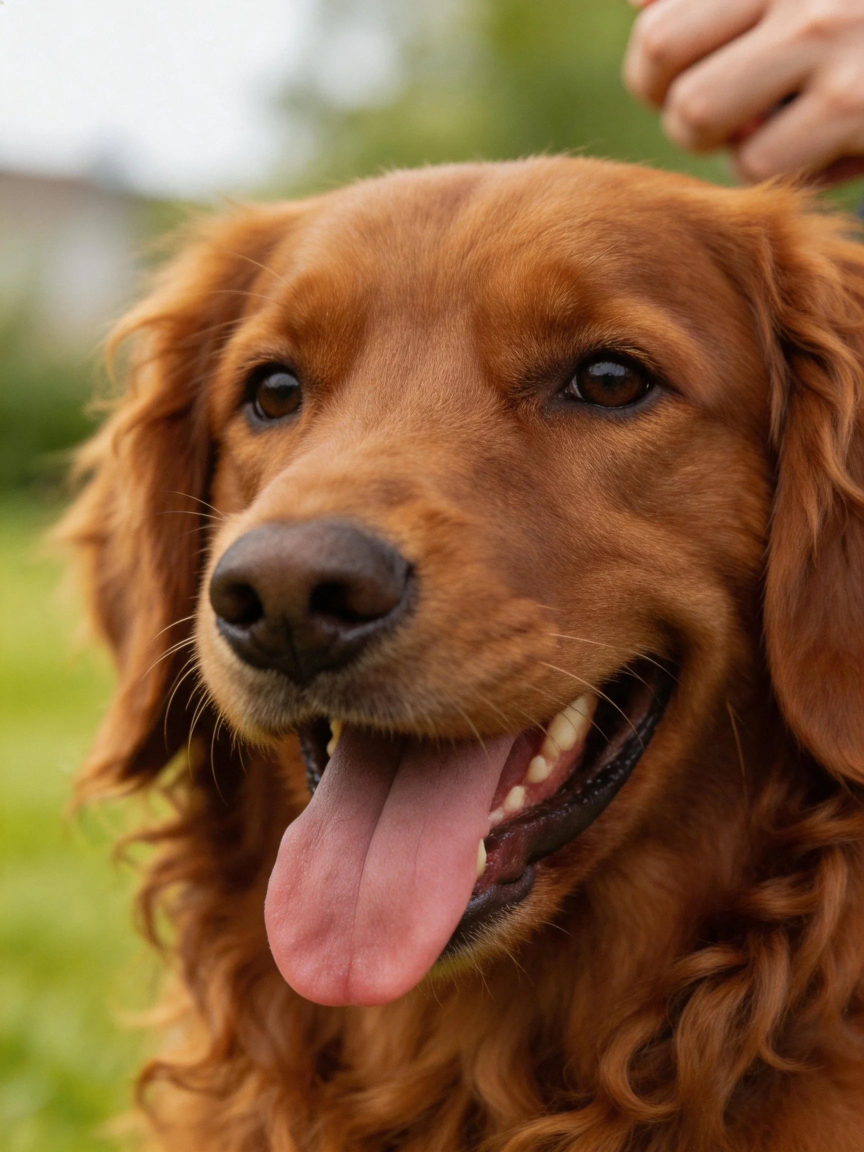 A happy reddish-brown dog with curly fur enjoys time outside.