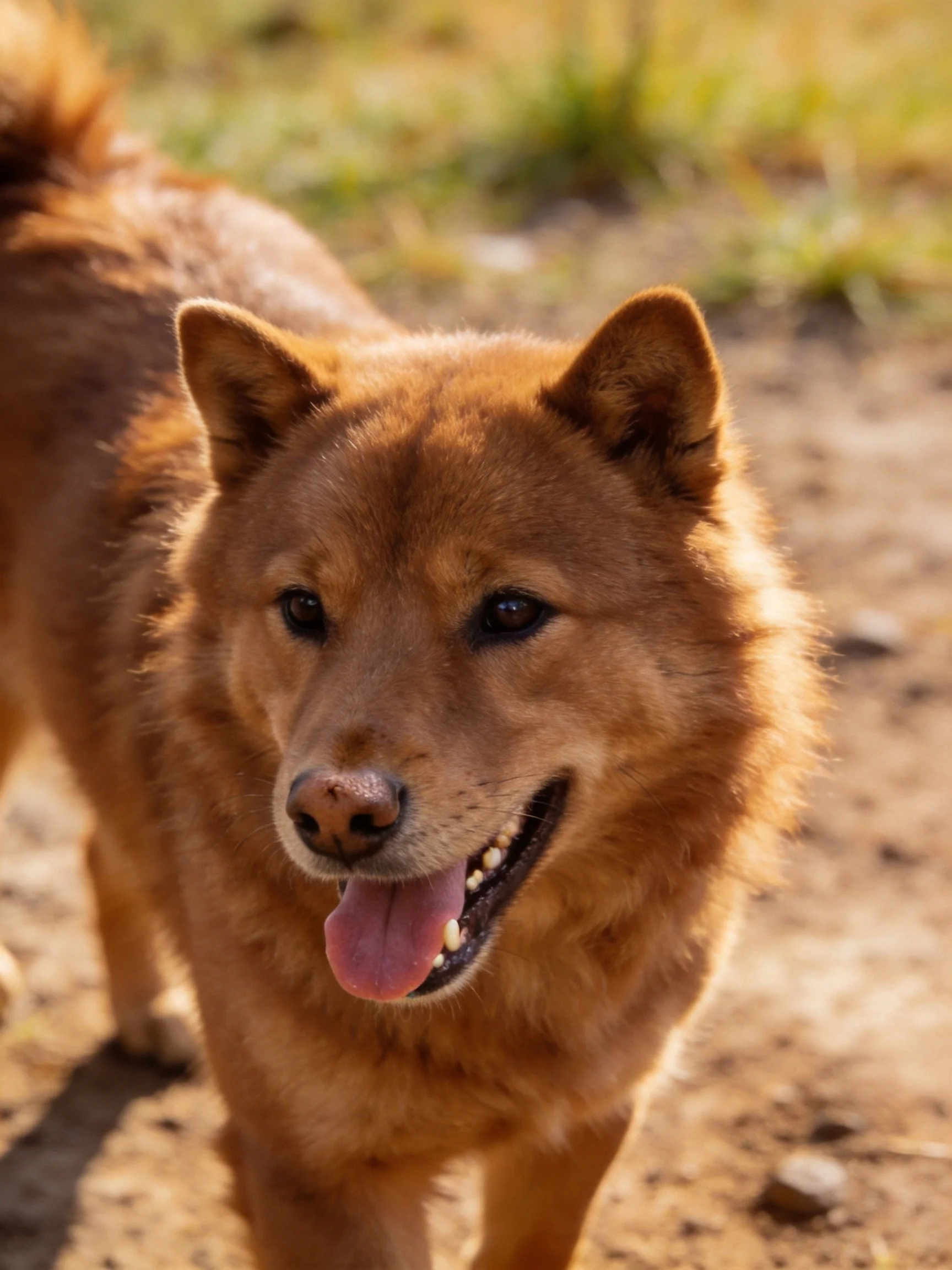 A cheerful reddish-brown dog enjoys a sunny day outdoors