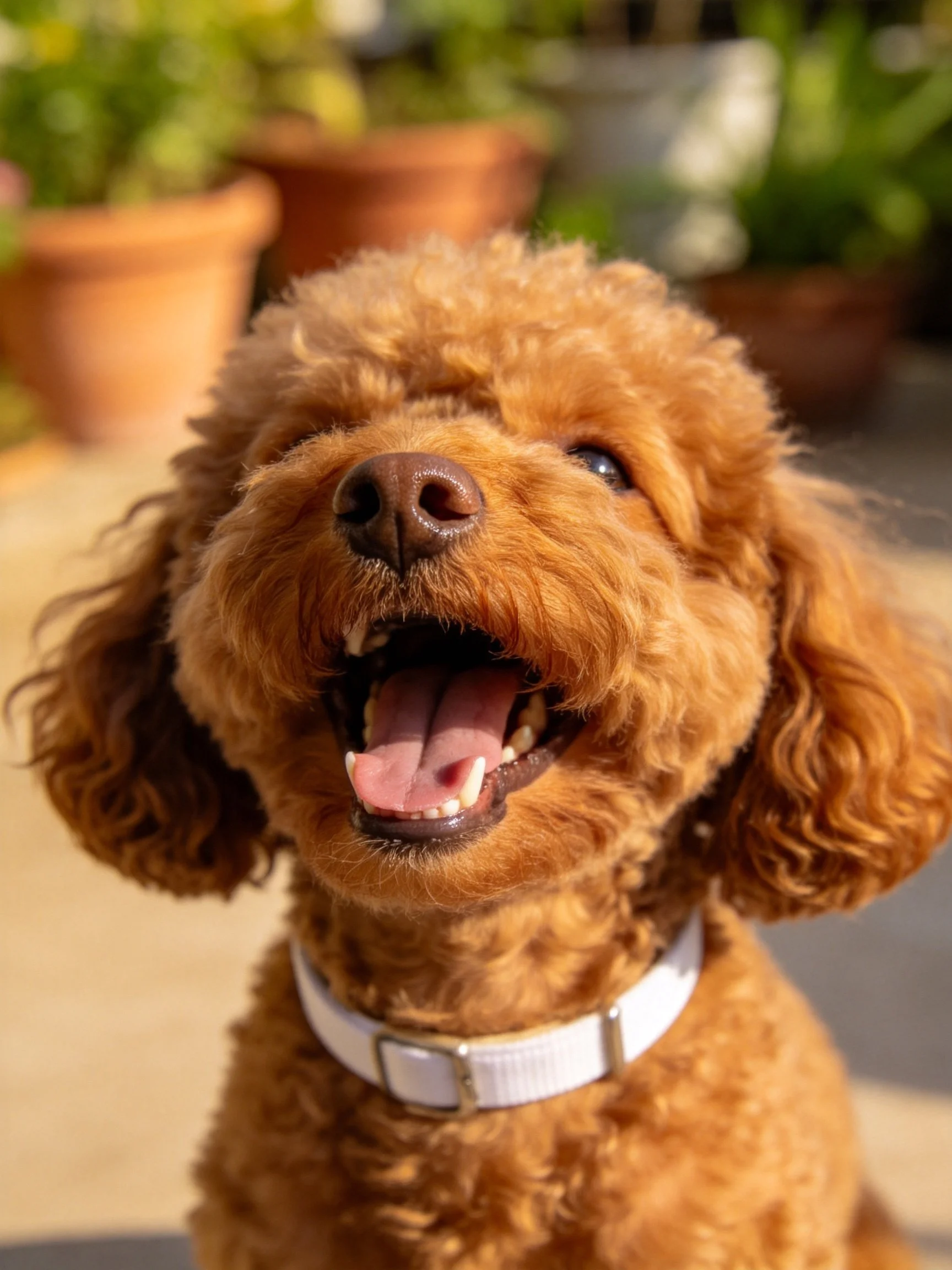 A cheerful reddish-brown poodle with curly fur and white collar
