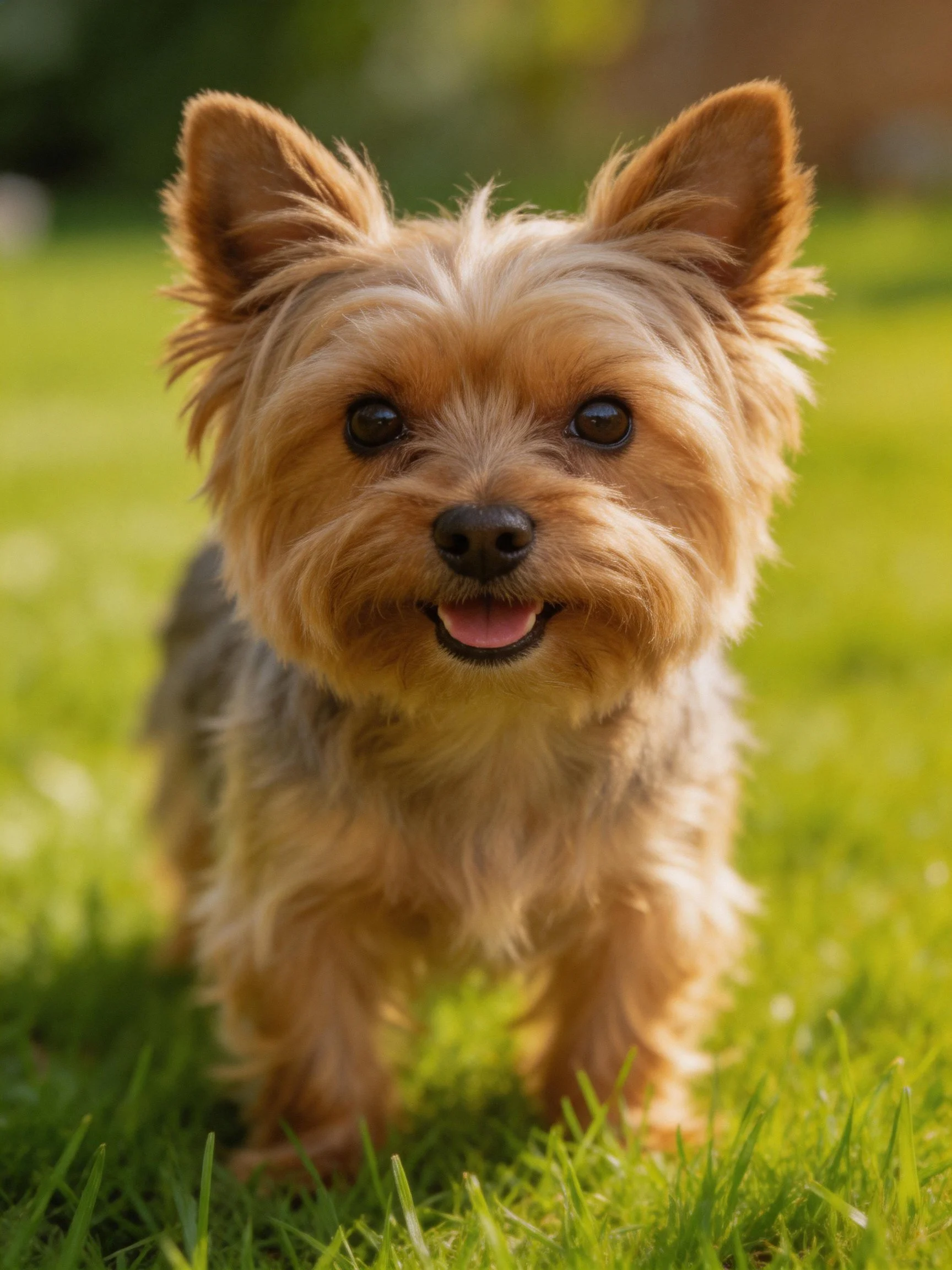 A small dog with brown and tan fur enjoys time on lush green grass.