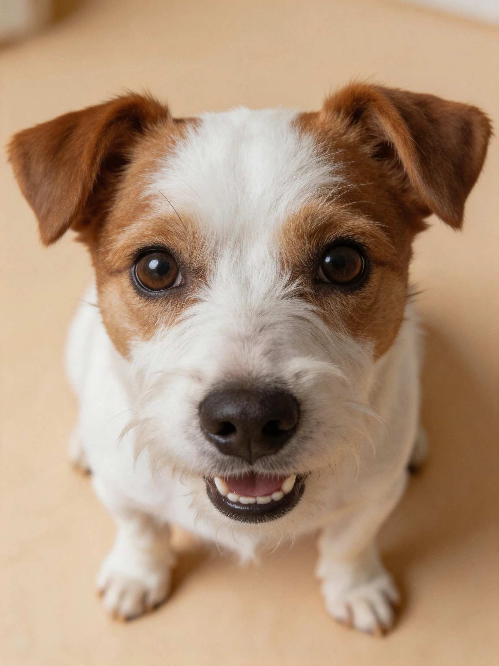 A cheerful small dog with brown and white fur sits happily on a beige surface.