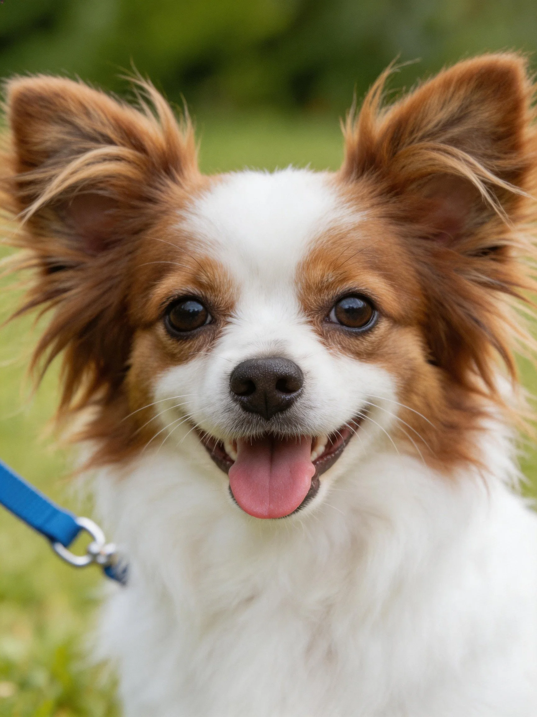 A cheerful small dog with brown and white fur stands outdoors near greenery.