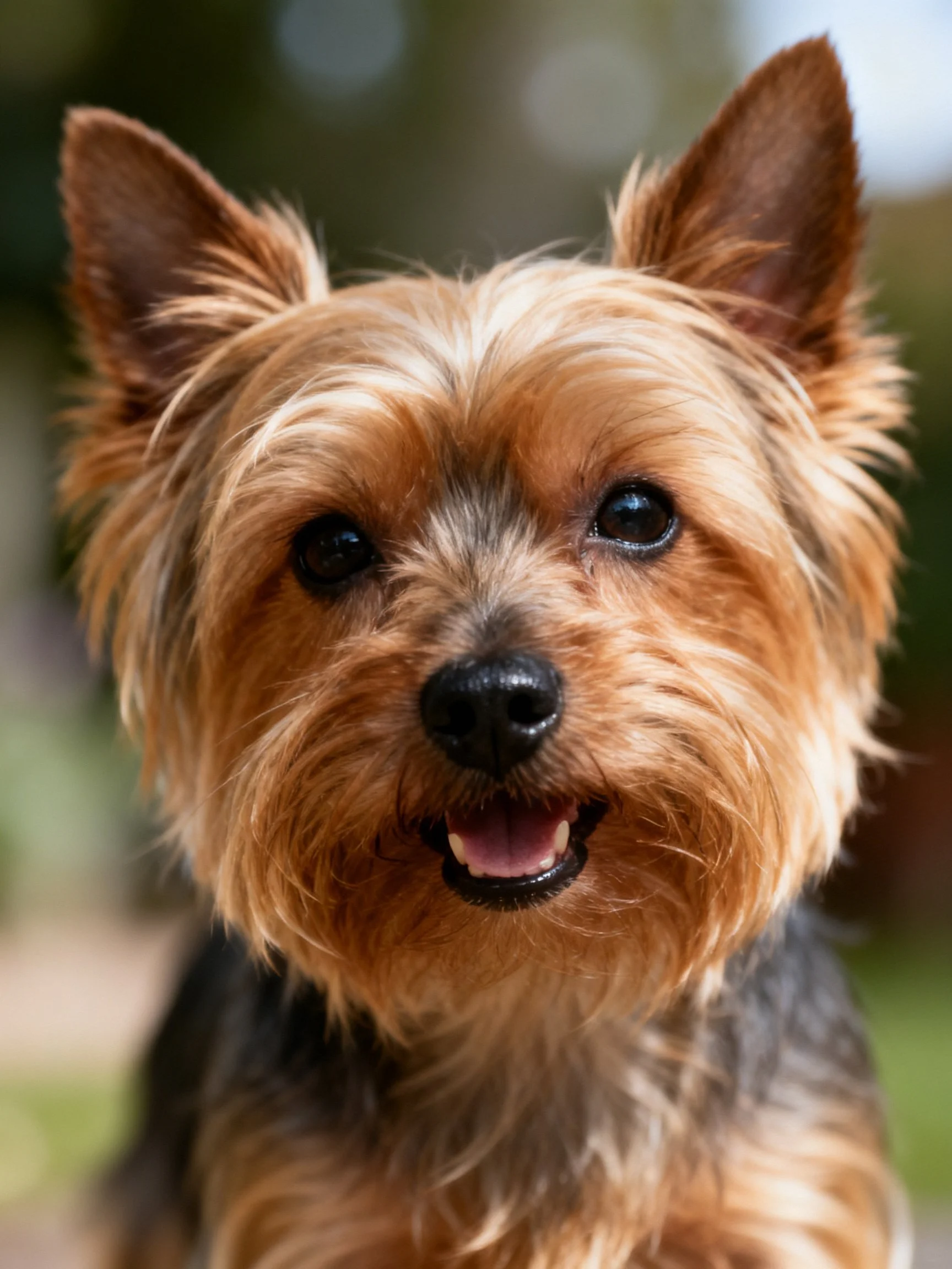 A cheerful small dog with golden-brown fur poses outdoors