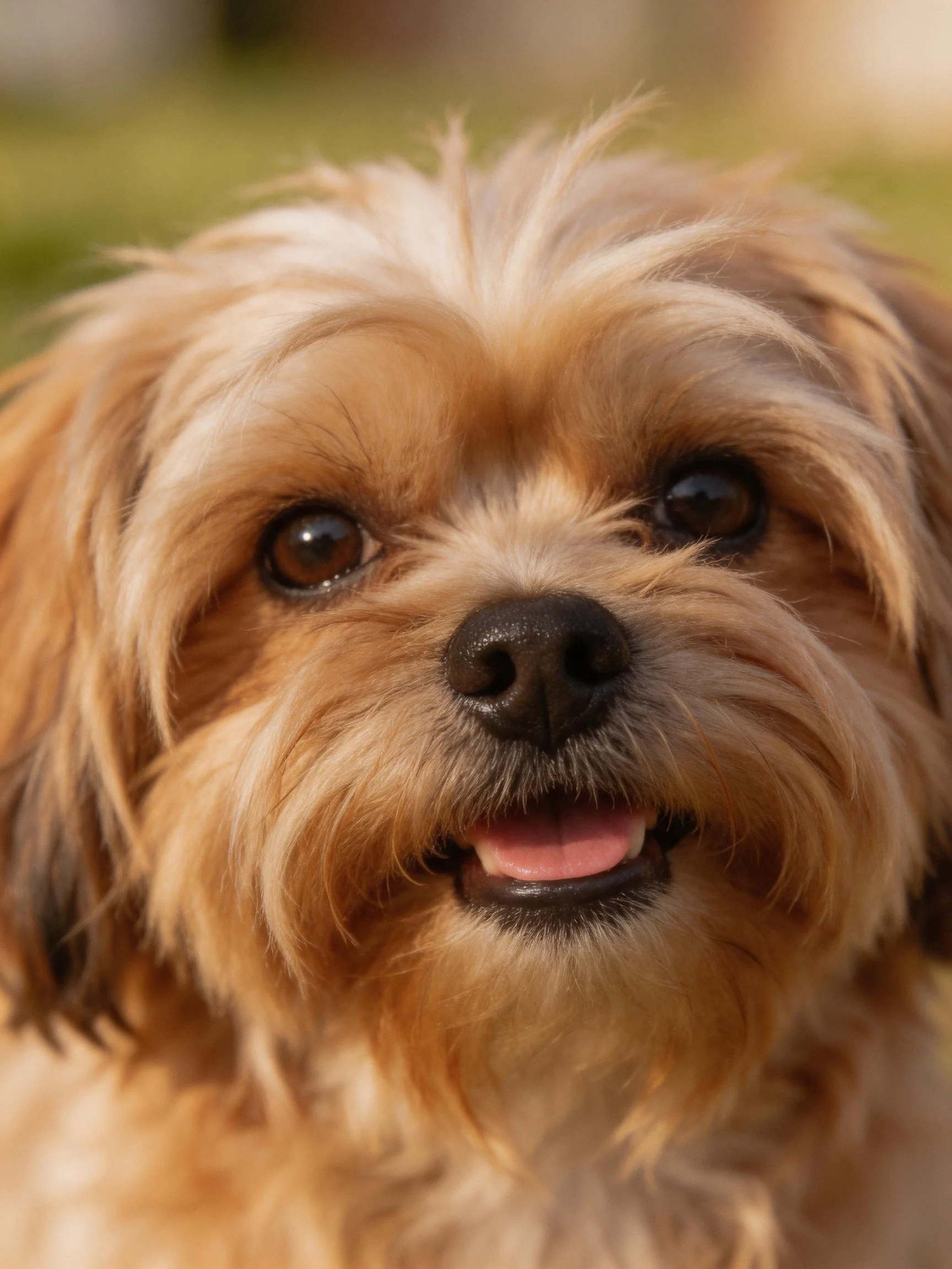 A small dog with long, light brown and tan fur appears happy.
