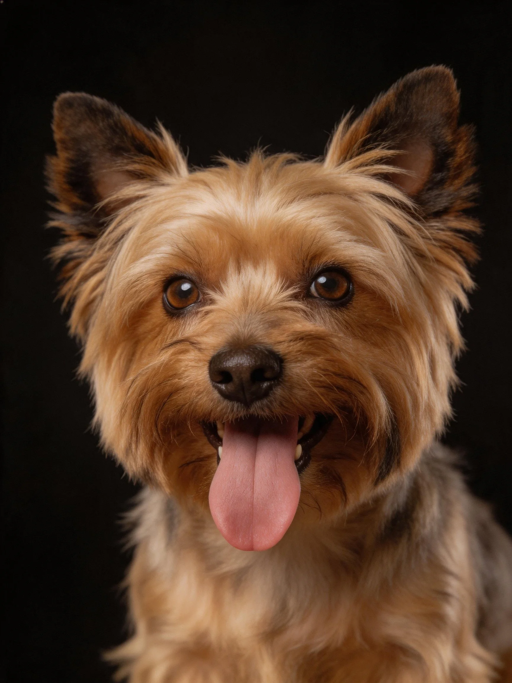 A cheerful small dog with tan and brown fur poses against a black background