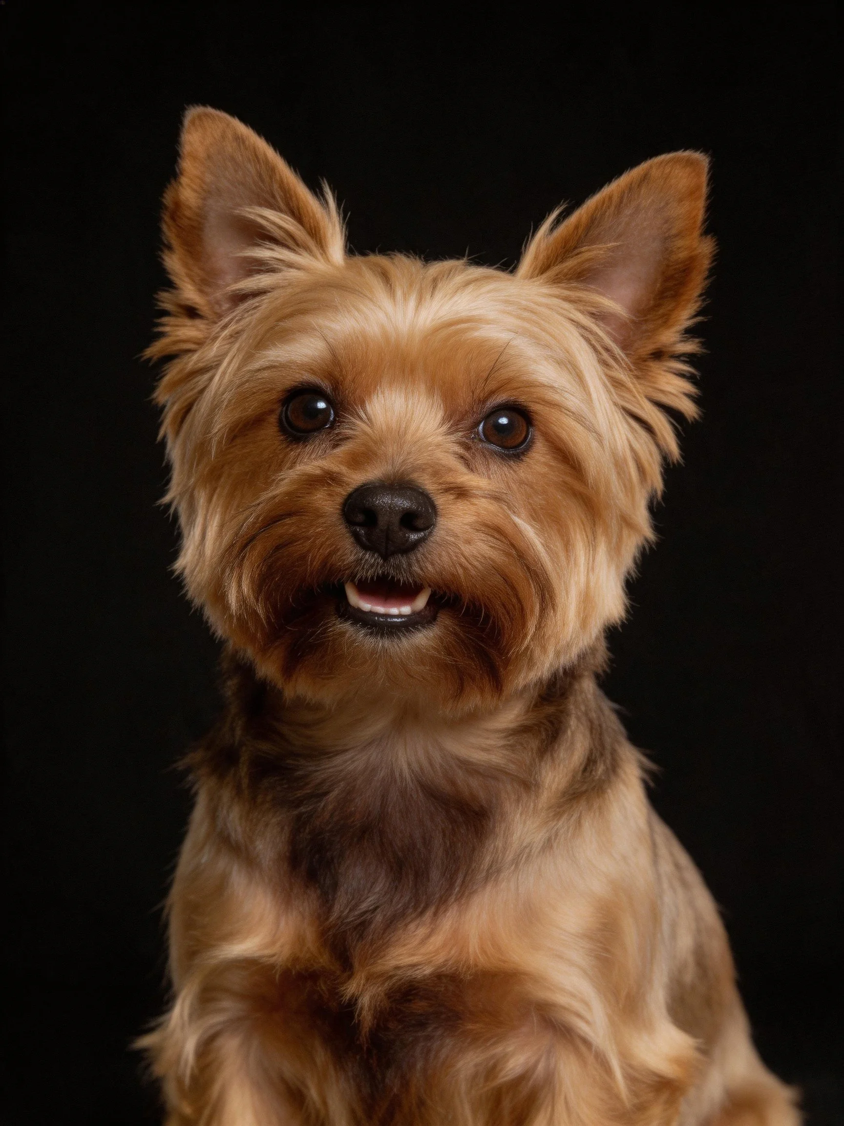 A small dog with tan and dark brown fur poses cheerfully against a black background.