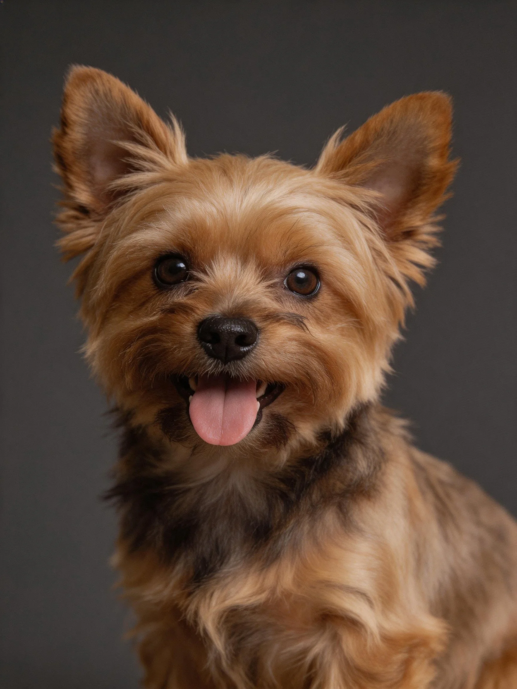 A small dog with tan and dark brown fur appears cheerful against a dark backdrop.