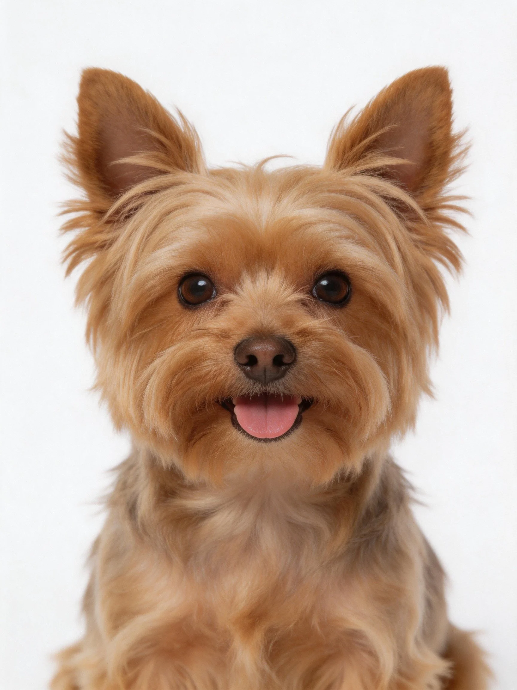 A cheerful small dog with tan fur and upright ears looks happily at the camera.