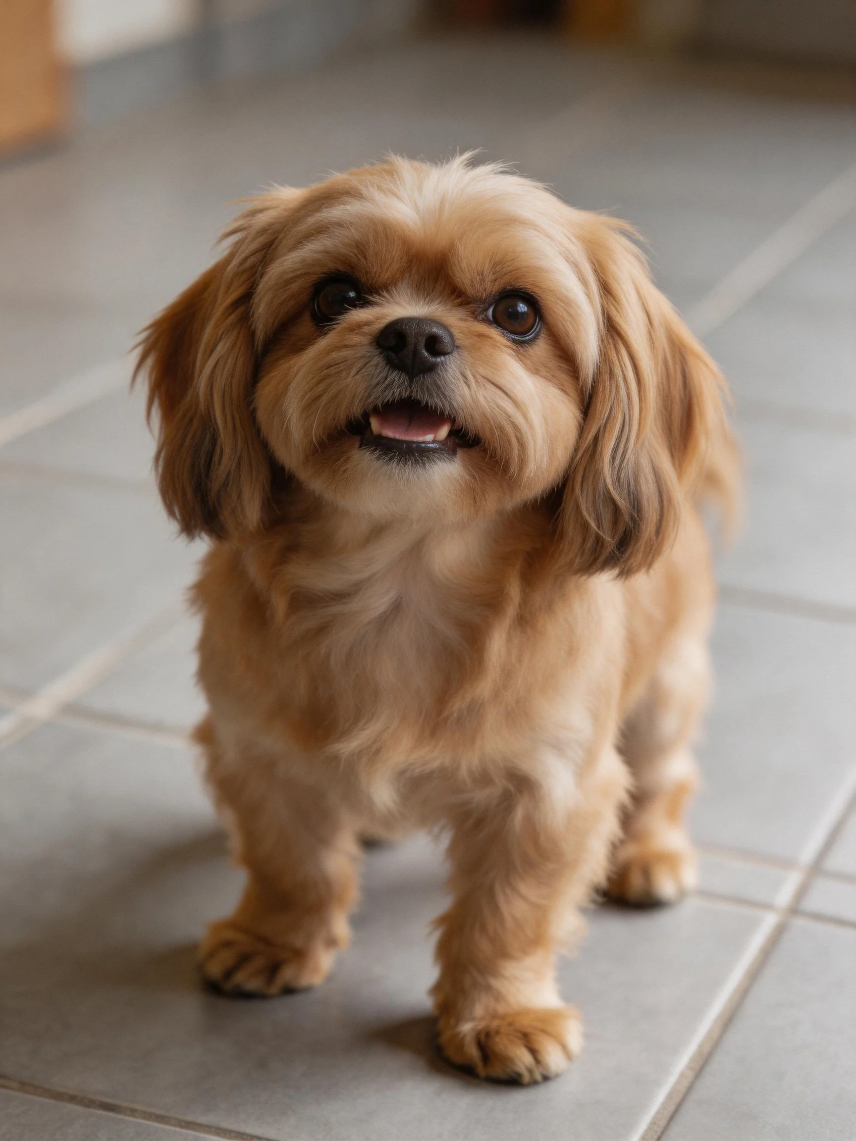 A small tan dog stands cheerfully on tiled flooring.