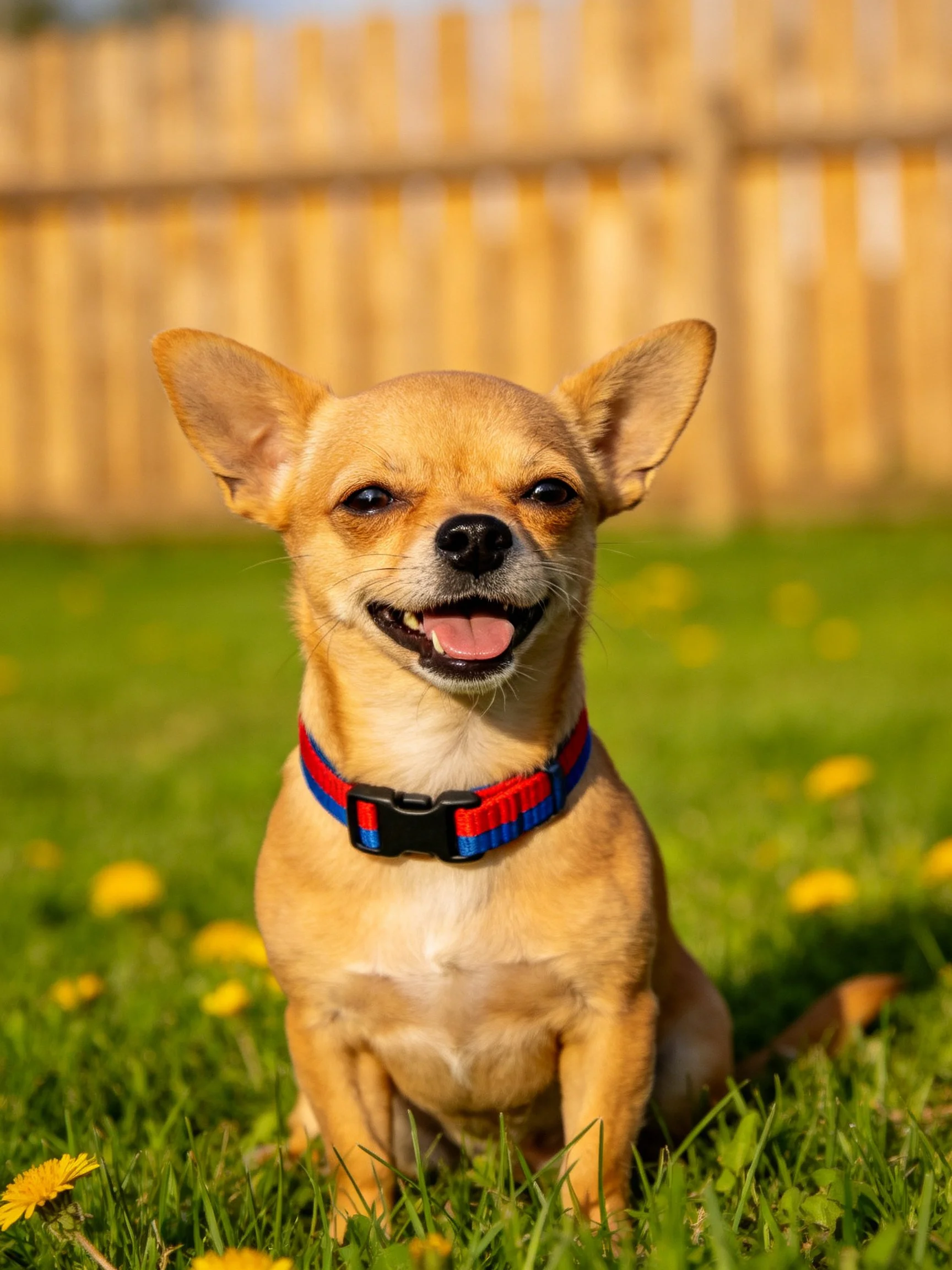 A cheerful tan Chihuahua sits contentedly among yellow flowers in a sunny yard.