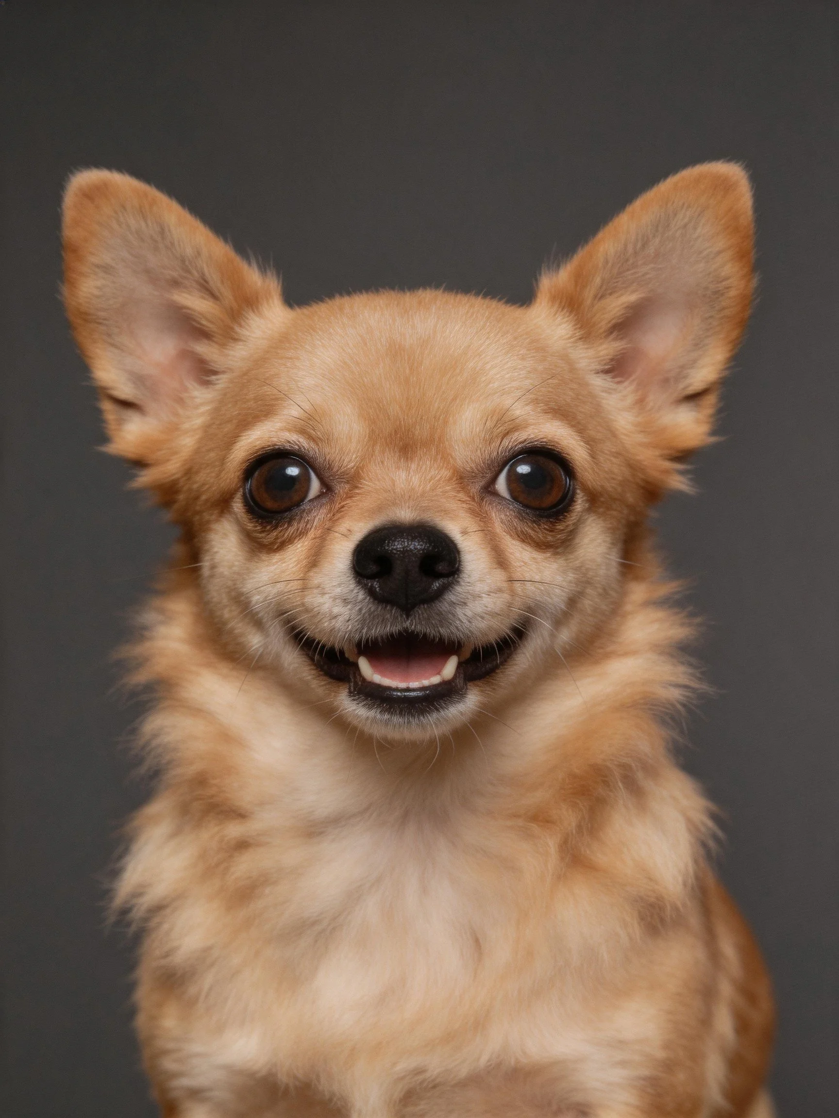 A cheerful tan Chihuahua with large ears and expressive eyes posed against a dark gray backdrop.