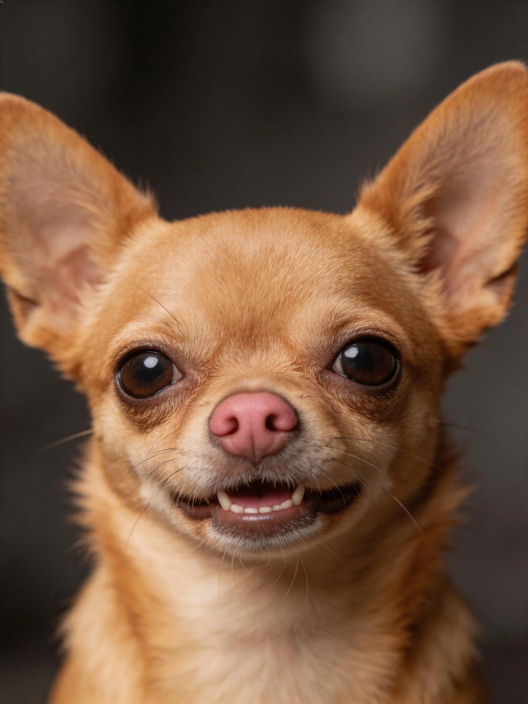 A cheerful tan Chihuahua with upright ears and pink nose gazes directly at the camera.