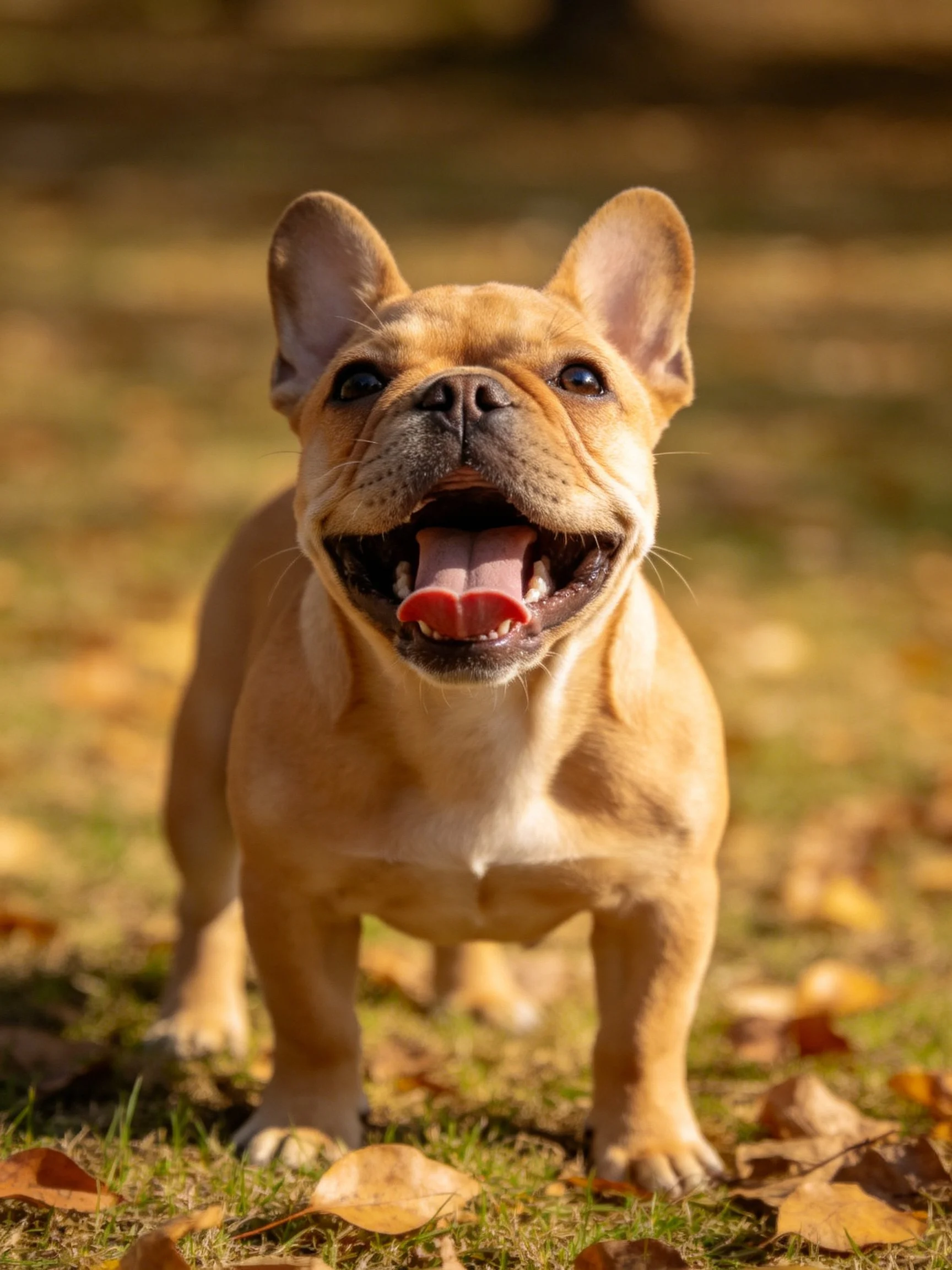 A joyful tan French bulldog puppy stands among autumn leaves in a sunlit area.