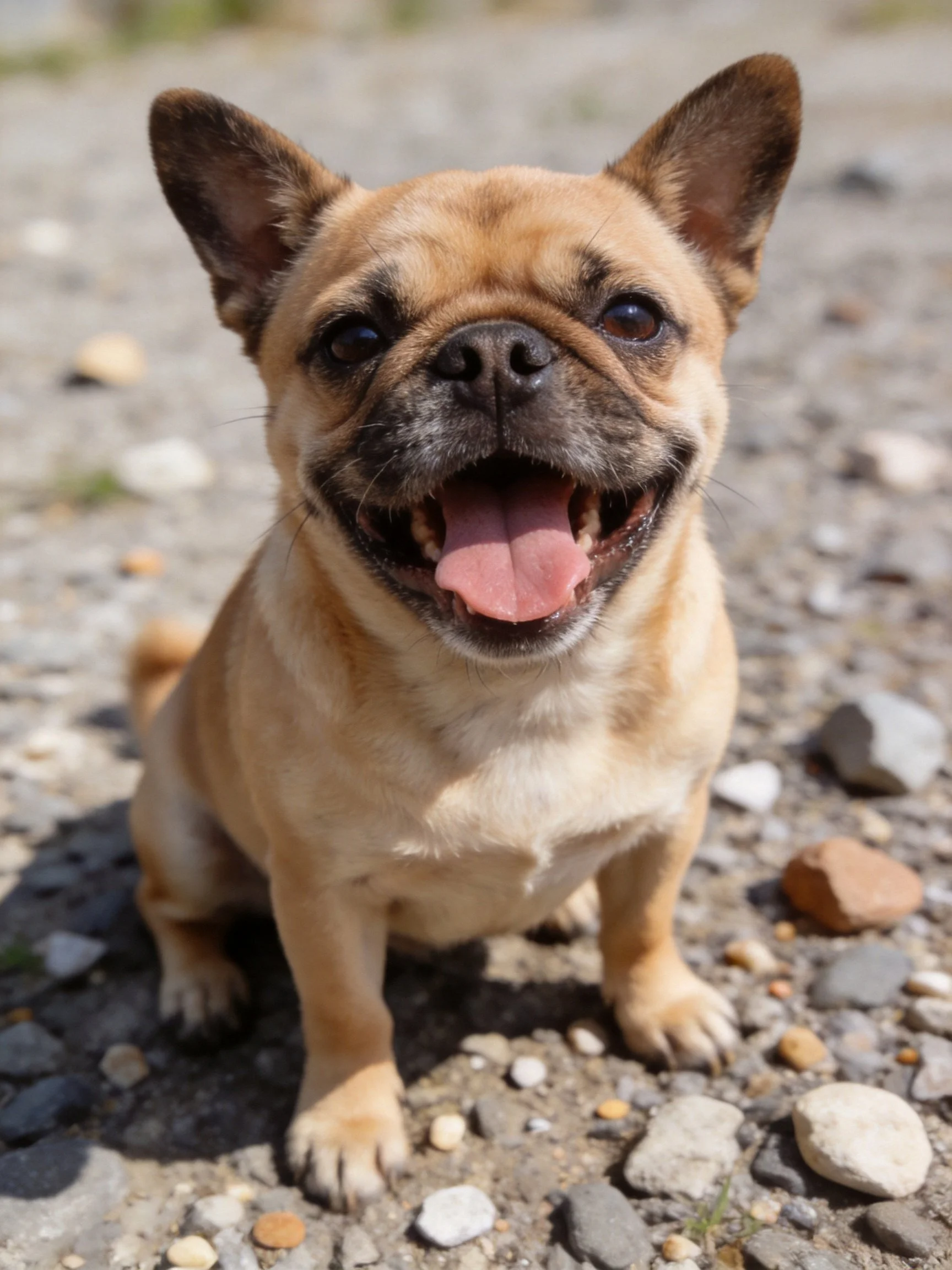 A cheerful tan French bulldog sits on a rocky ground with scattered stones