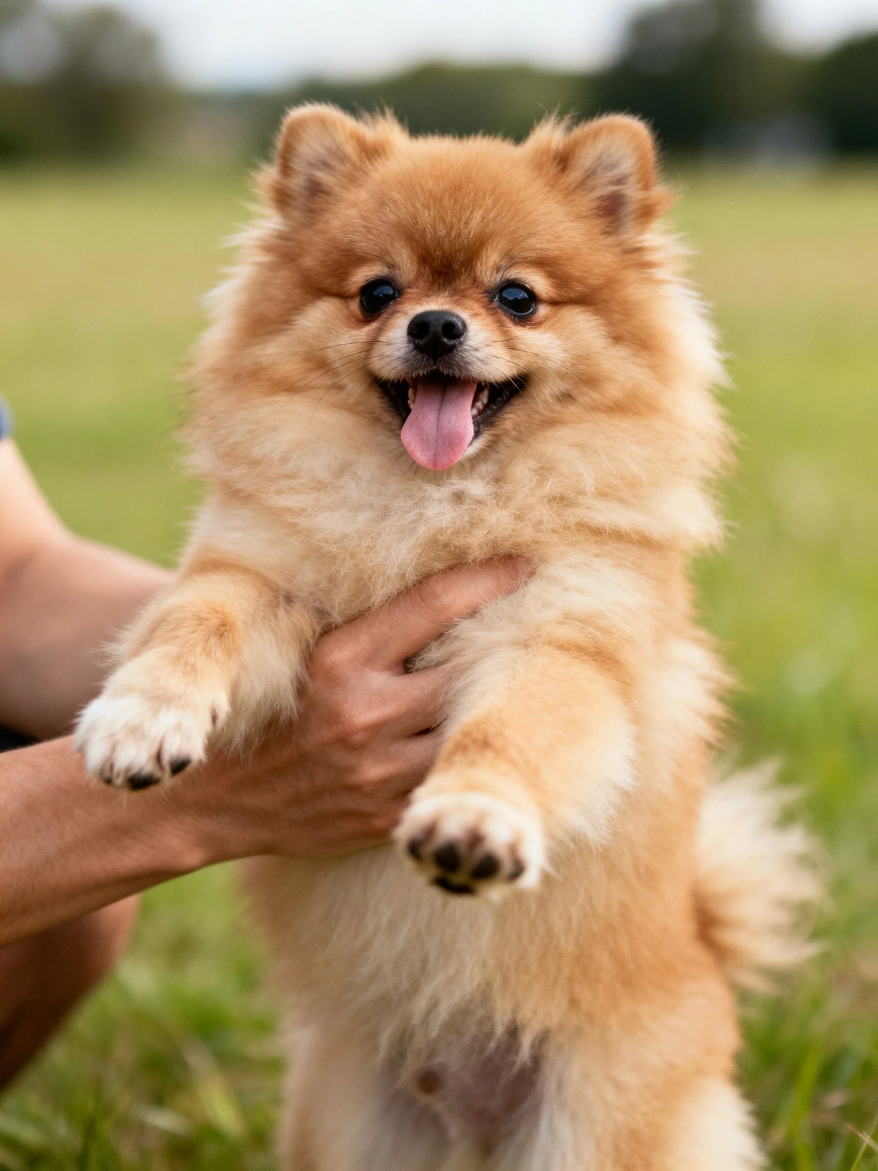 A tan Pomeranian dog is held up in a grassy outdoor setting.