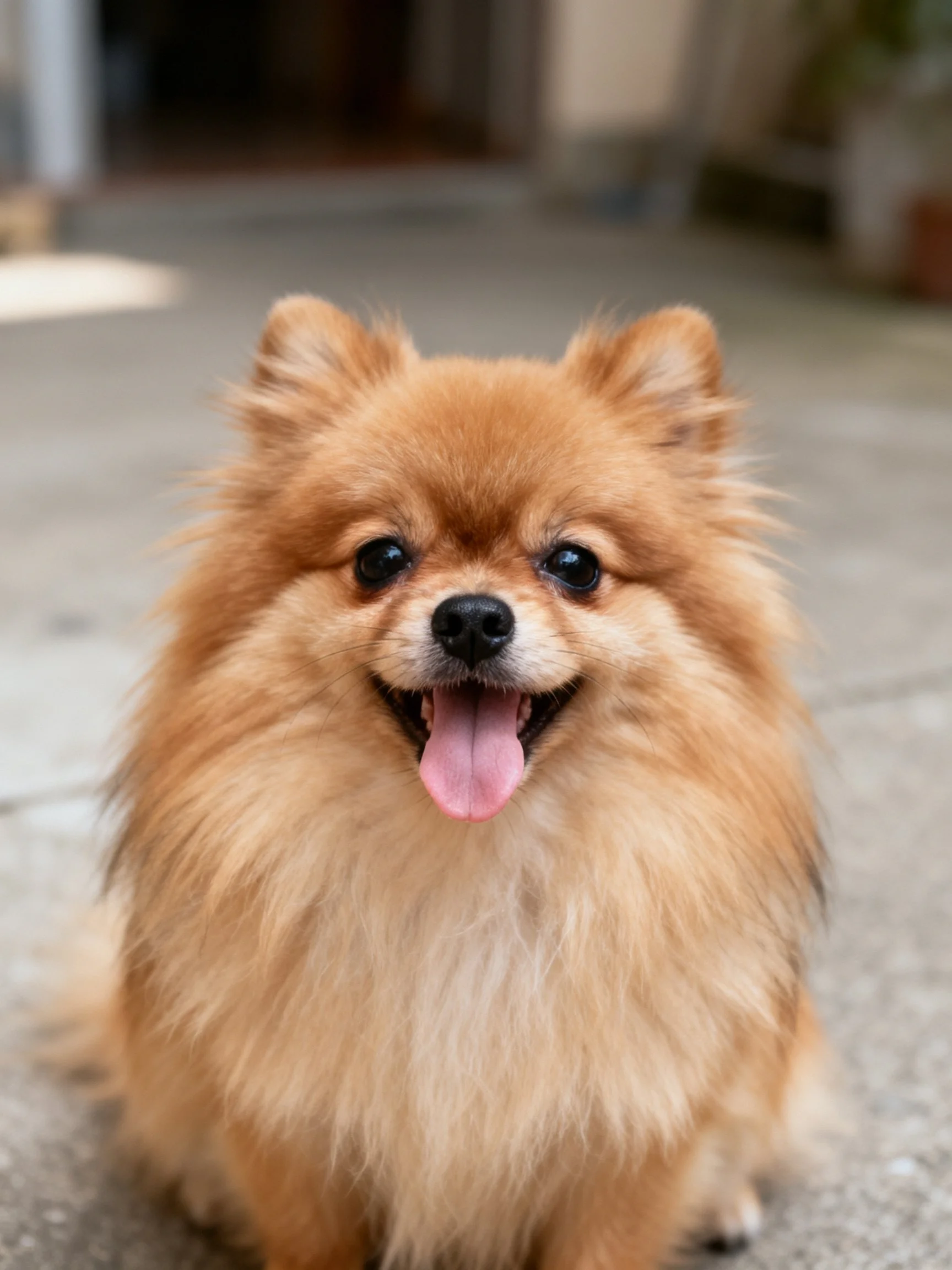A cheerful tan Pomeranian sits happily on a concrete surface.