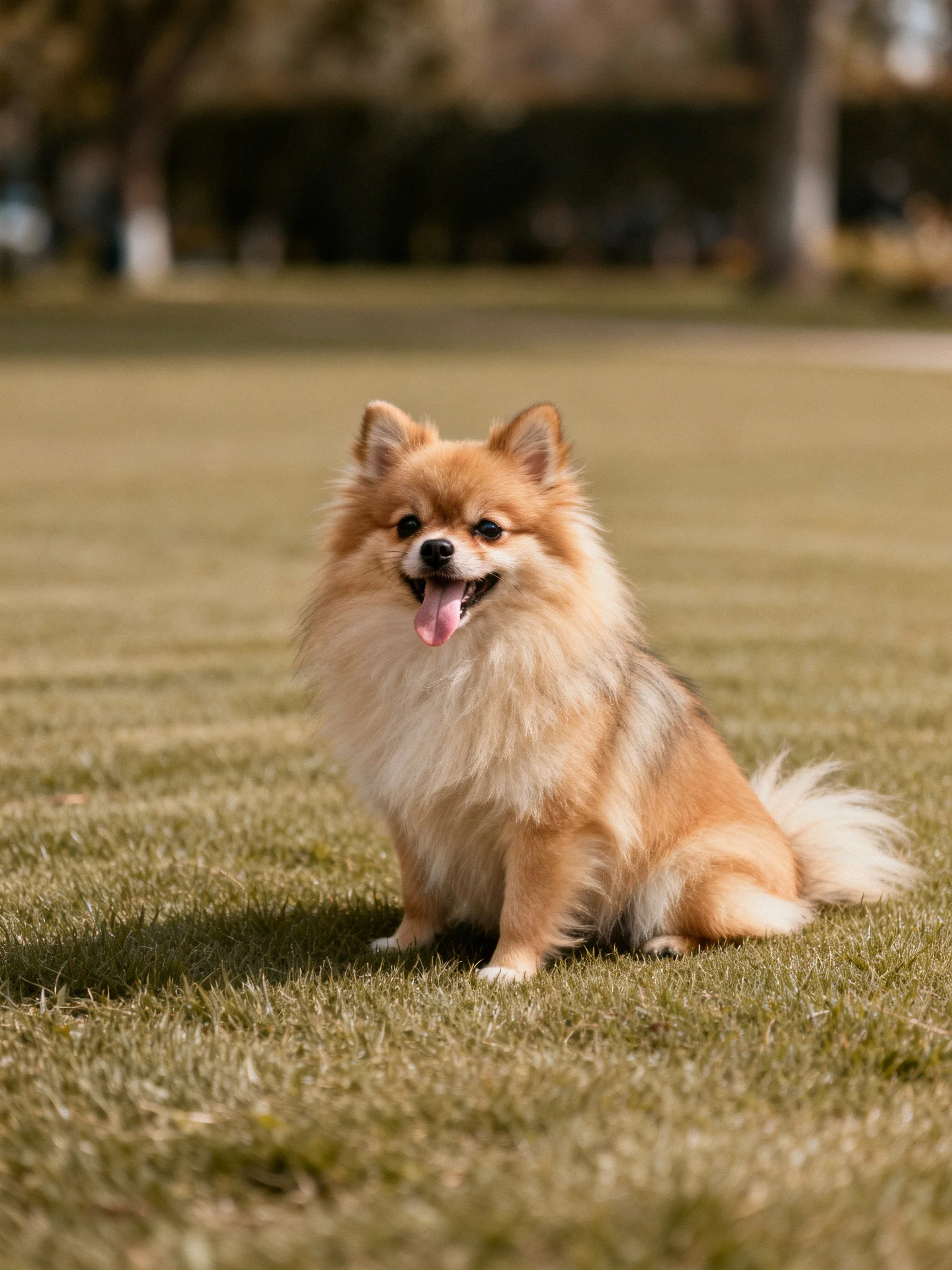 A cheerful tan Pomeranian sits on sunlit green grass