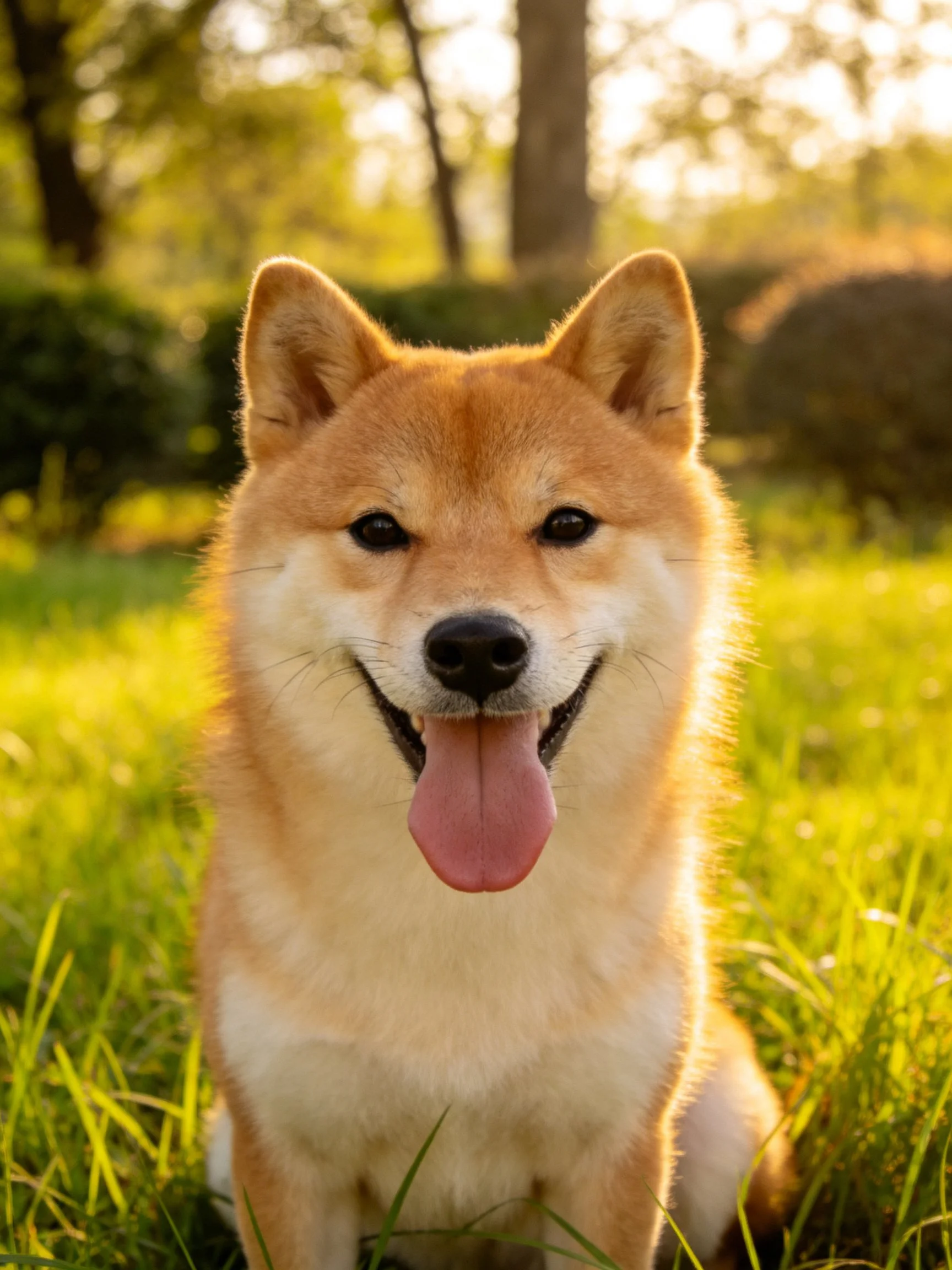 A cheerful tan Shiba Inu sits in sunlit green grass