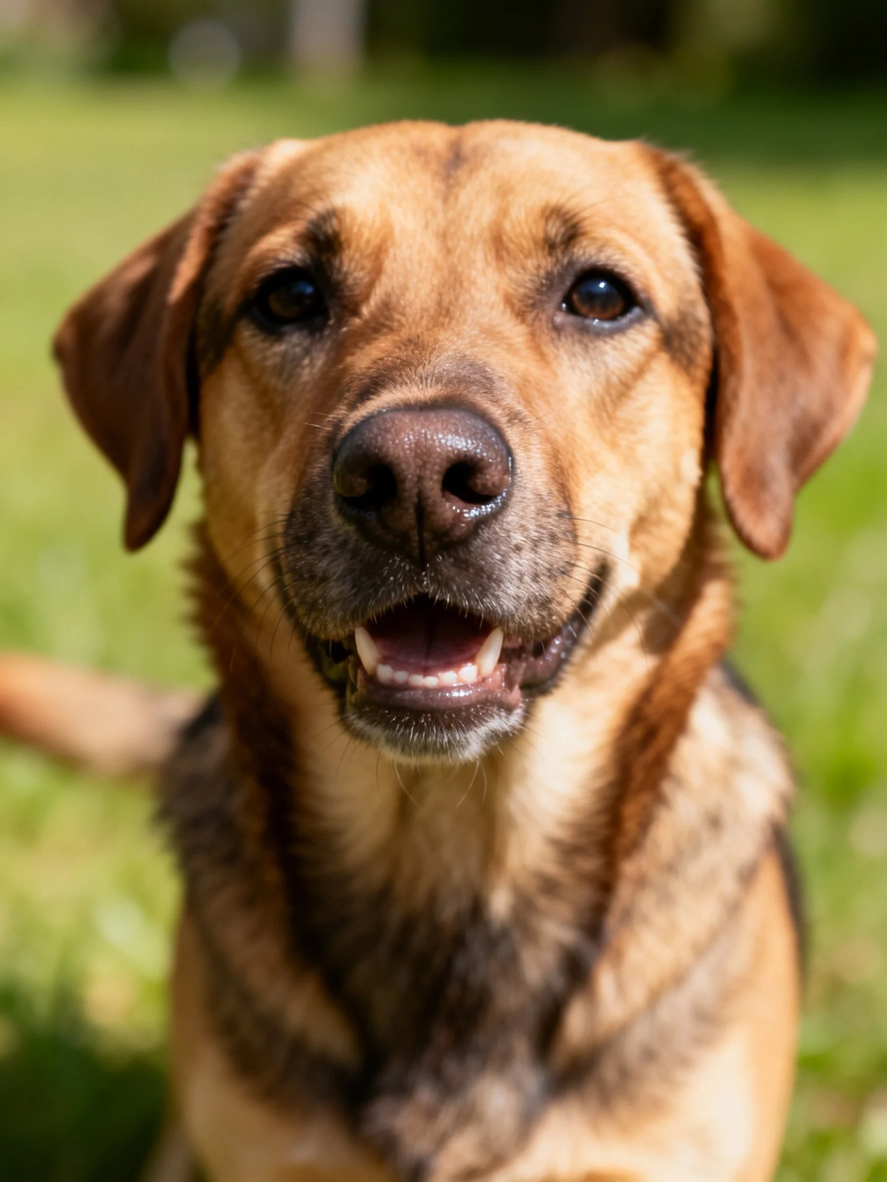 A cheerful tan and brown mixed-breed dog smiles happily in a sunny outdoor area.