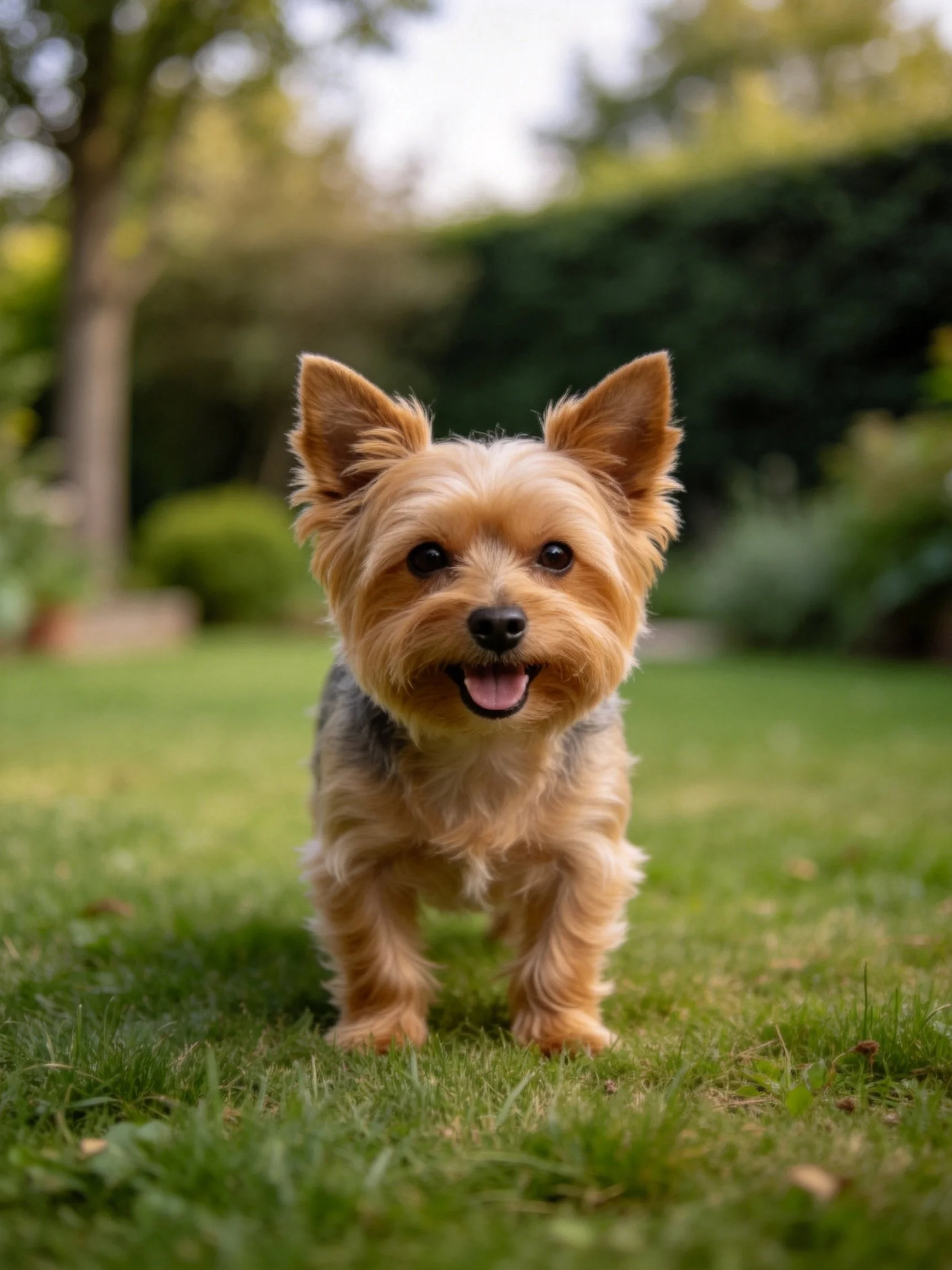 A cheerful small dog stands on green grass in a sunny outdoor setting.