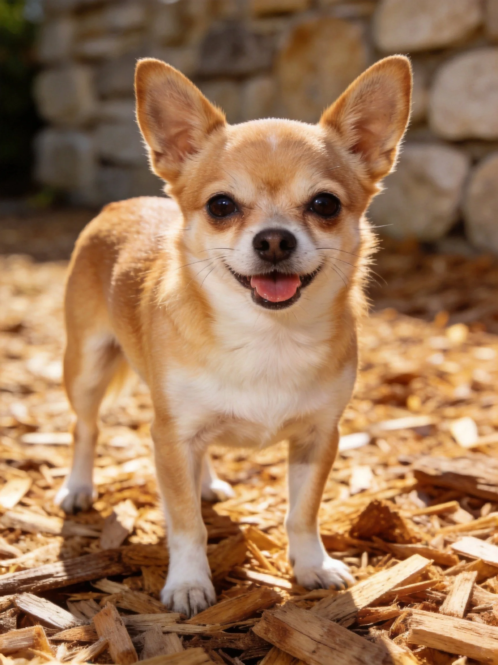 A small dog smiles while standing on wood chips in front of a stone wall.