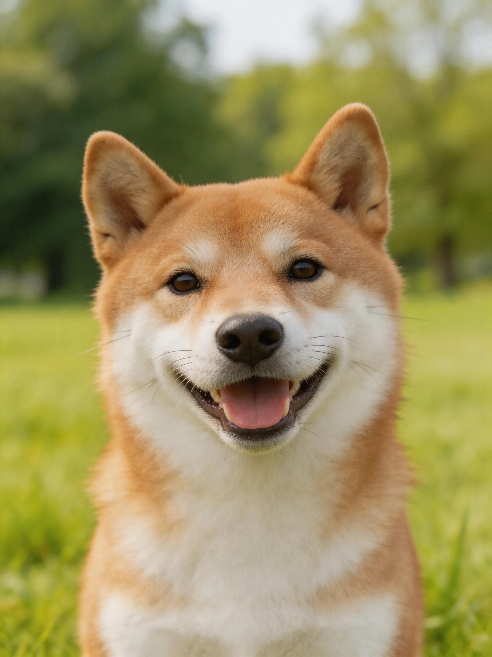 A cheerful tan and white Shiba Inu in a lush green park