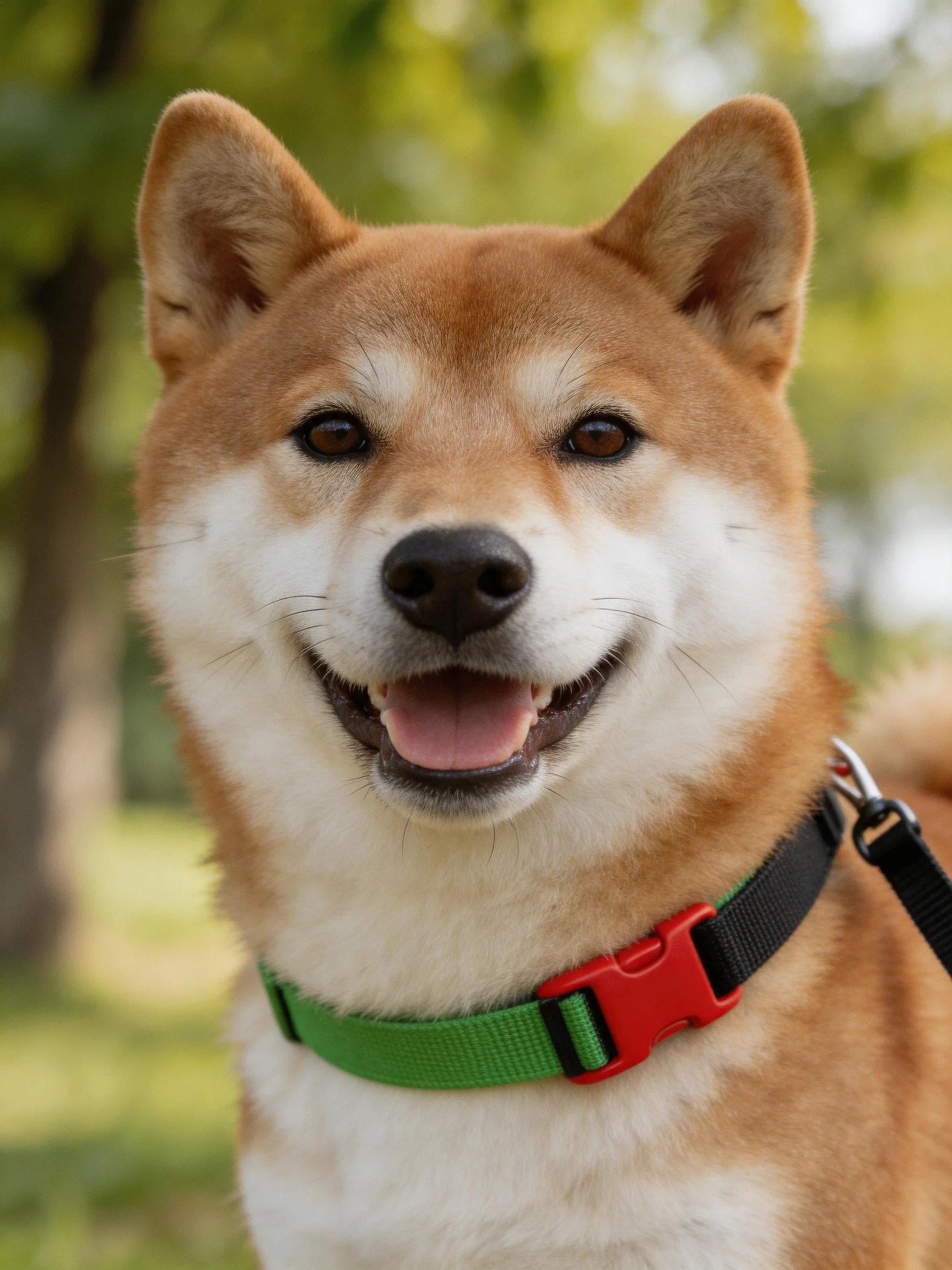 A cheerful tan and white Shiba Inu wearing a green collar with red buckle