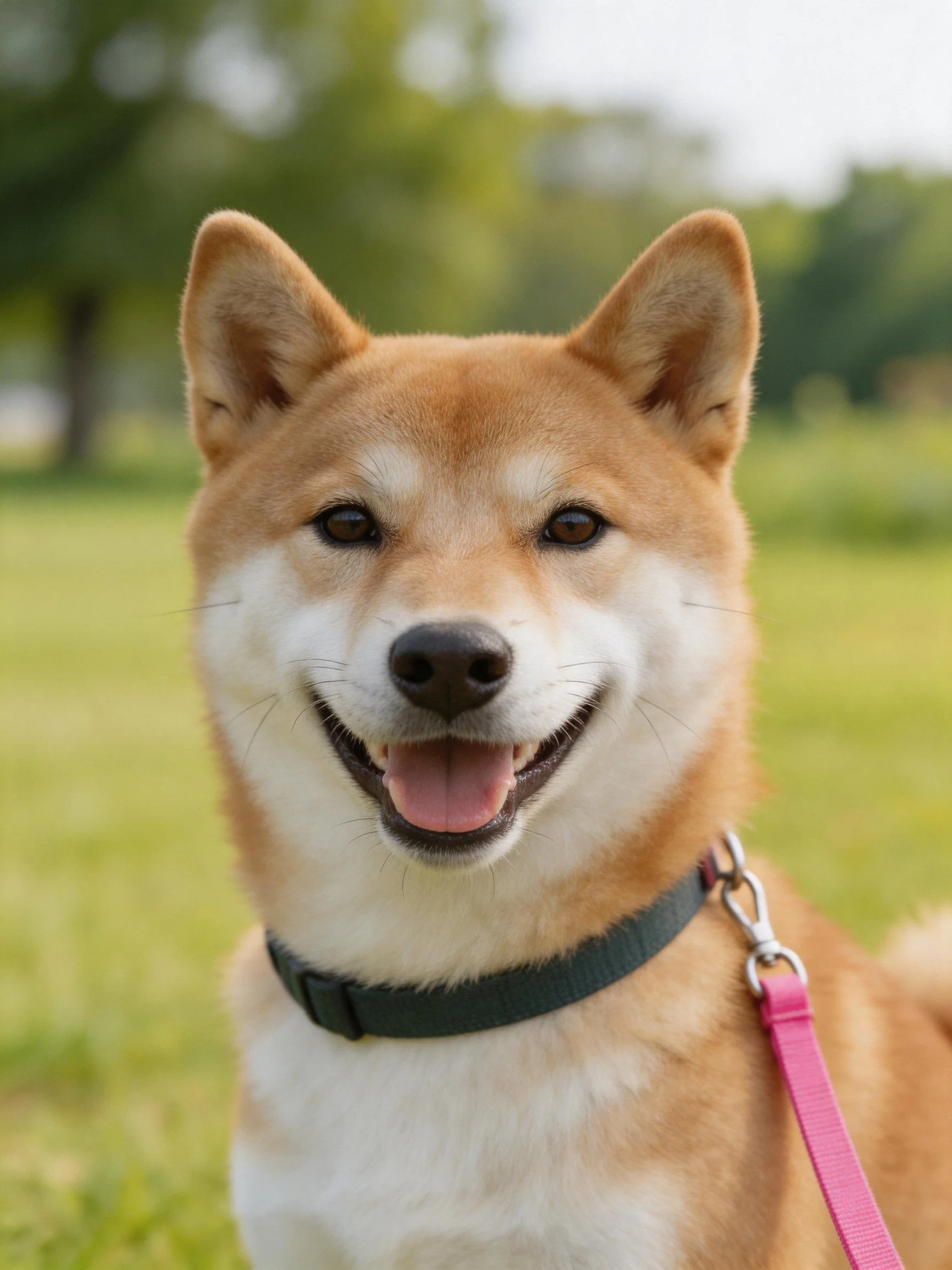 A cheerful tan and white Shiba Inu with a dark collar and pink leash