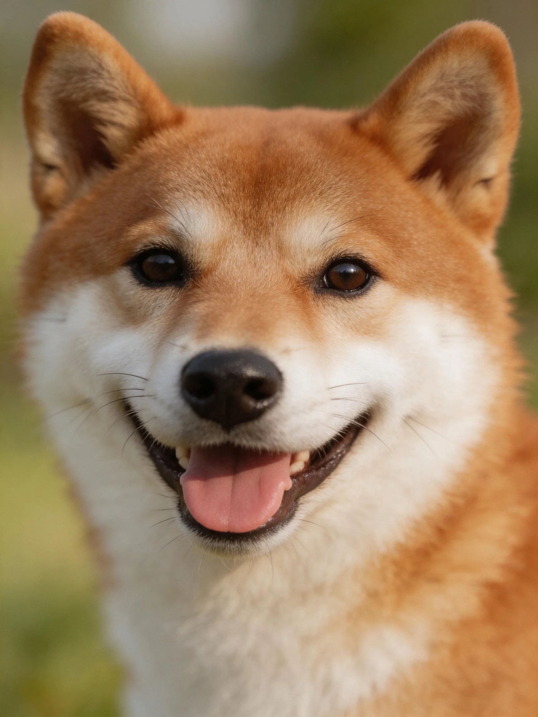 A cheerful tan and white Shiba Inu with upright ears and a smiling face