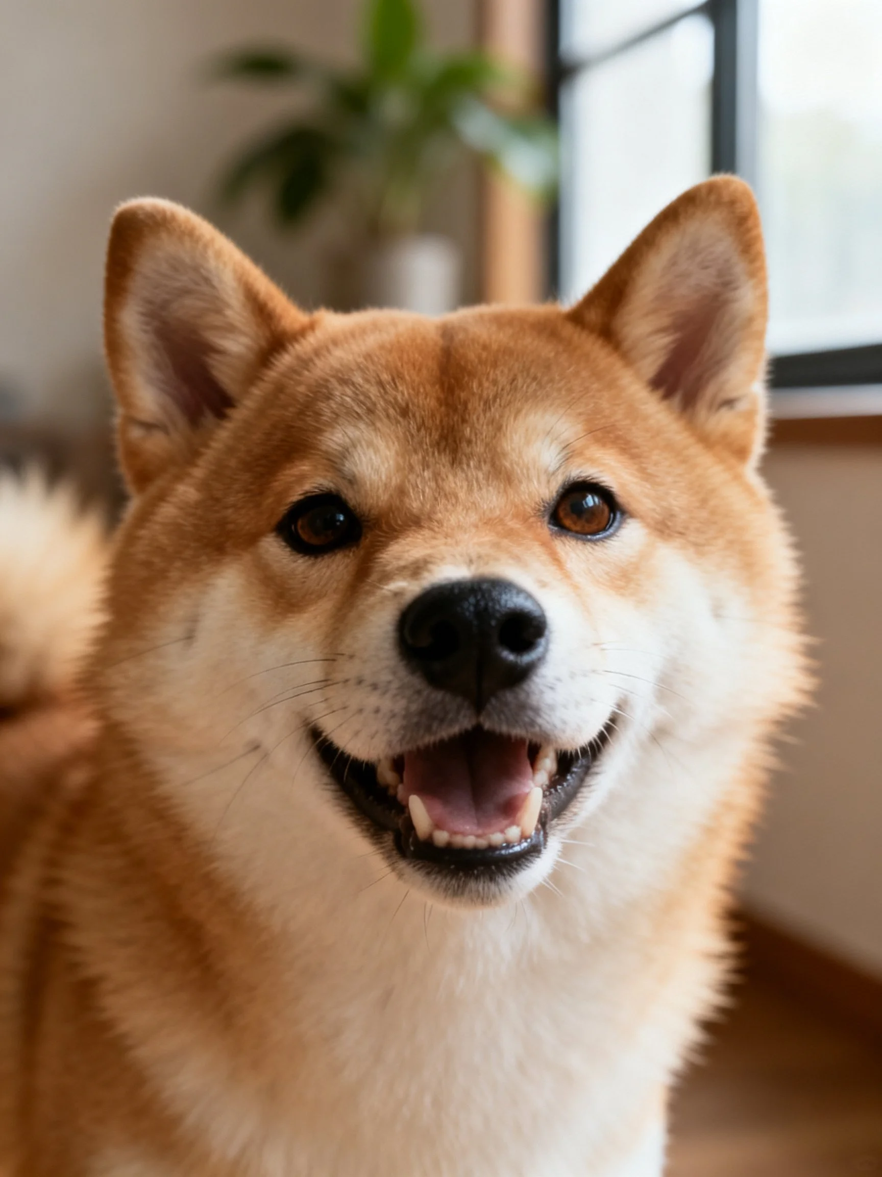A cheerful tan and white Shiba Inu with upright ears indoors