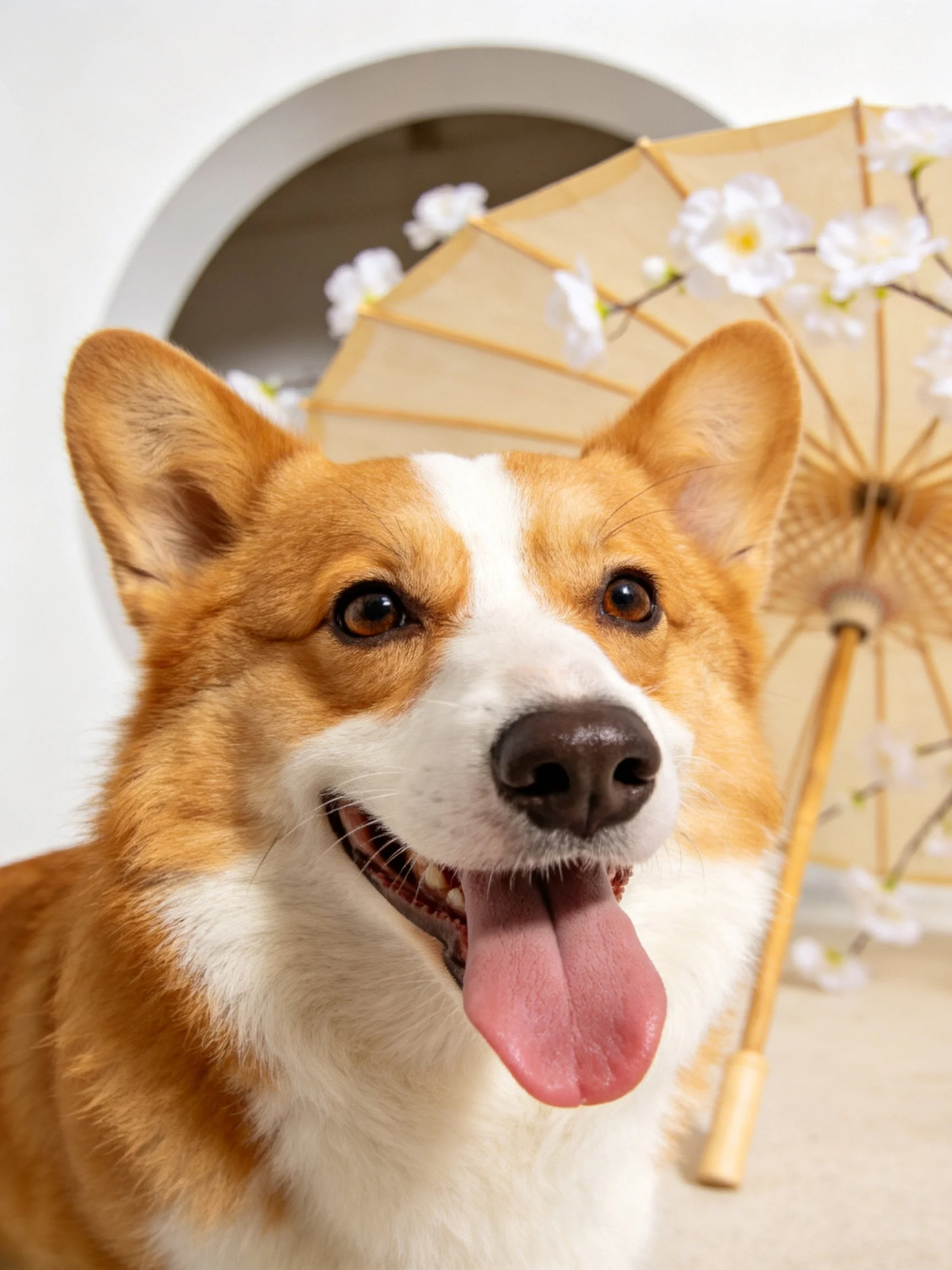 A happy corgi stands beside a flower-decorated parasol.