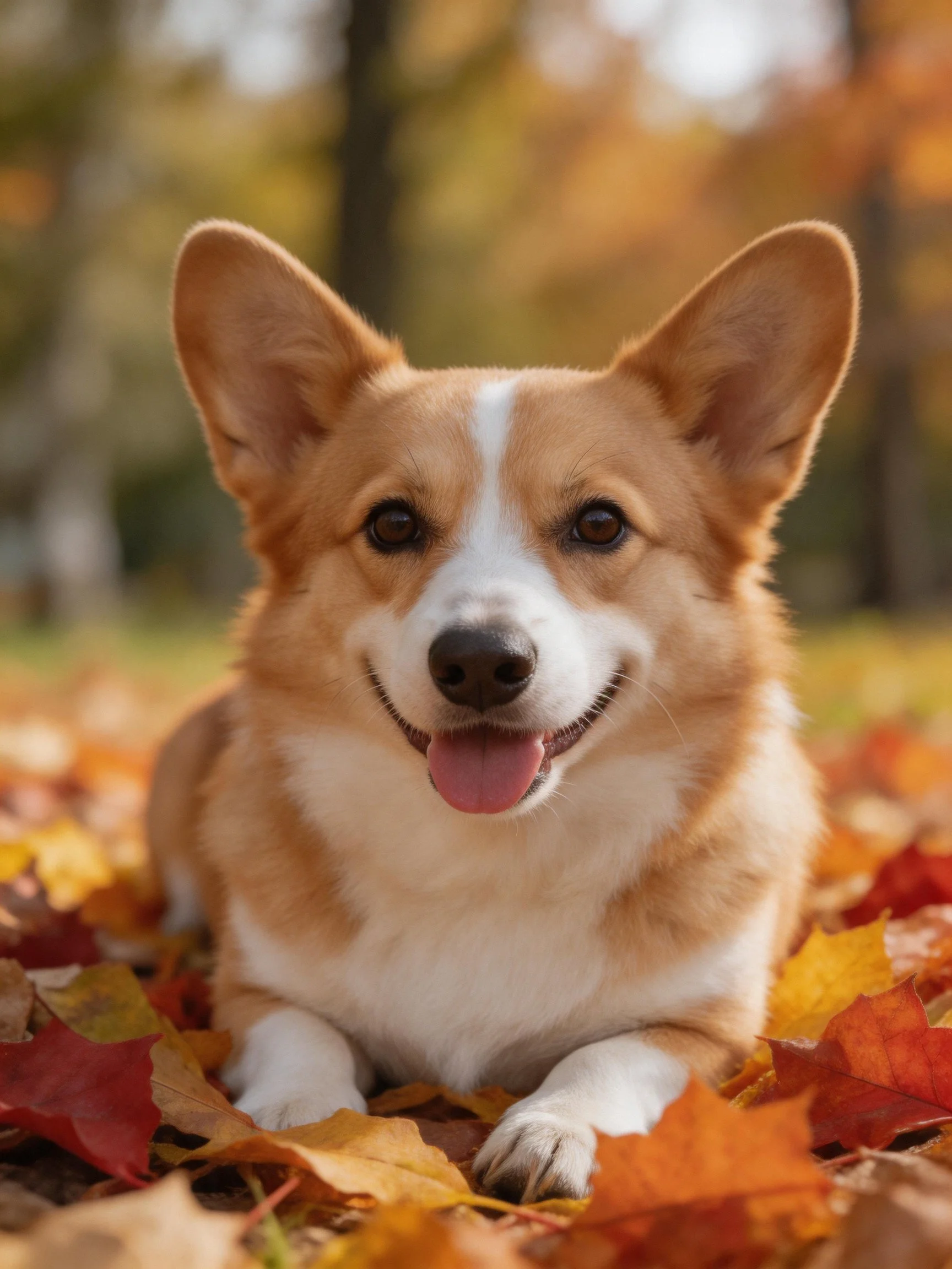 A cheerful tan-and-white corgi rests on autumn leaves