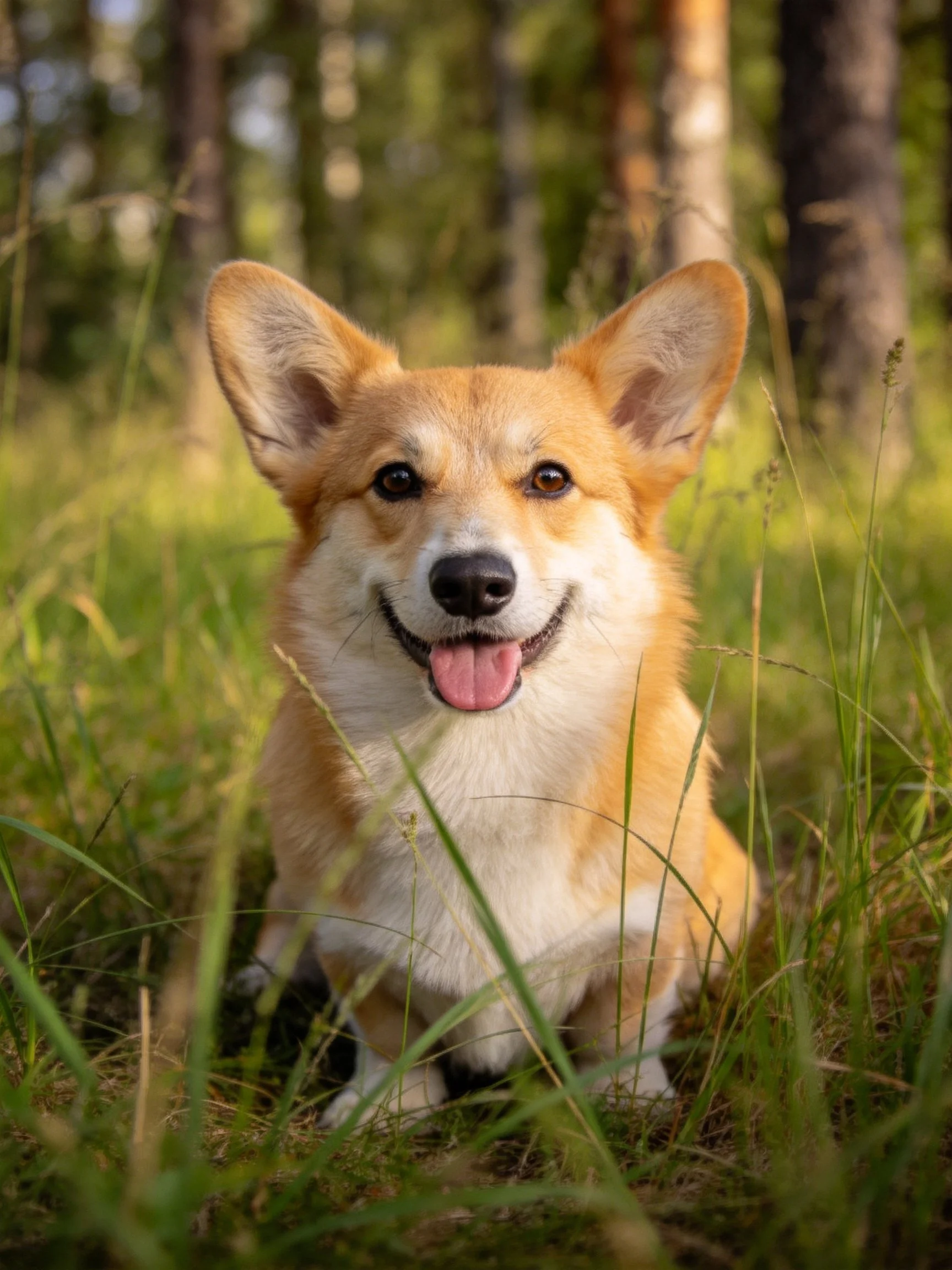 A happy corgi rests in tall grass with a sunlit forest backdrop