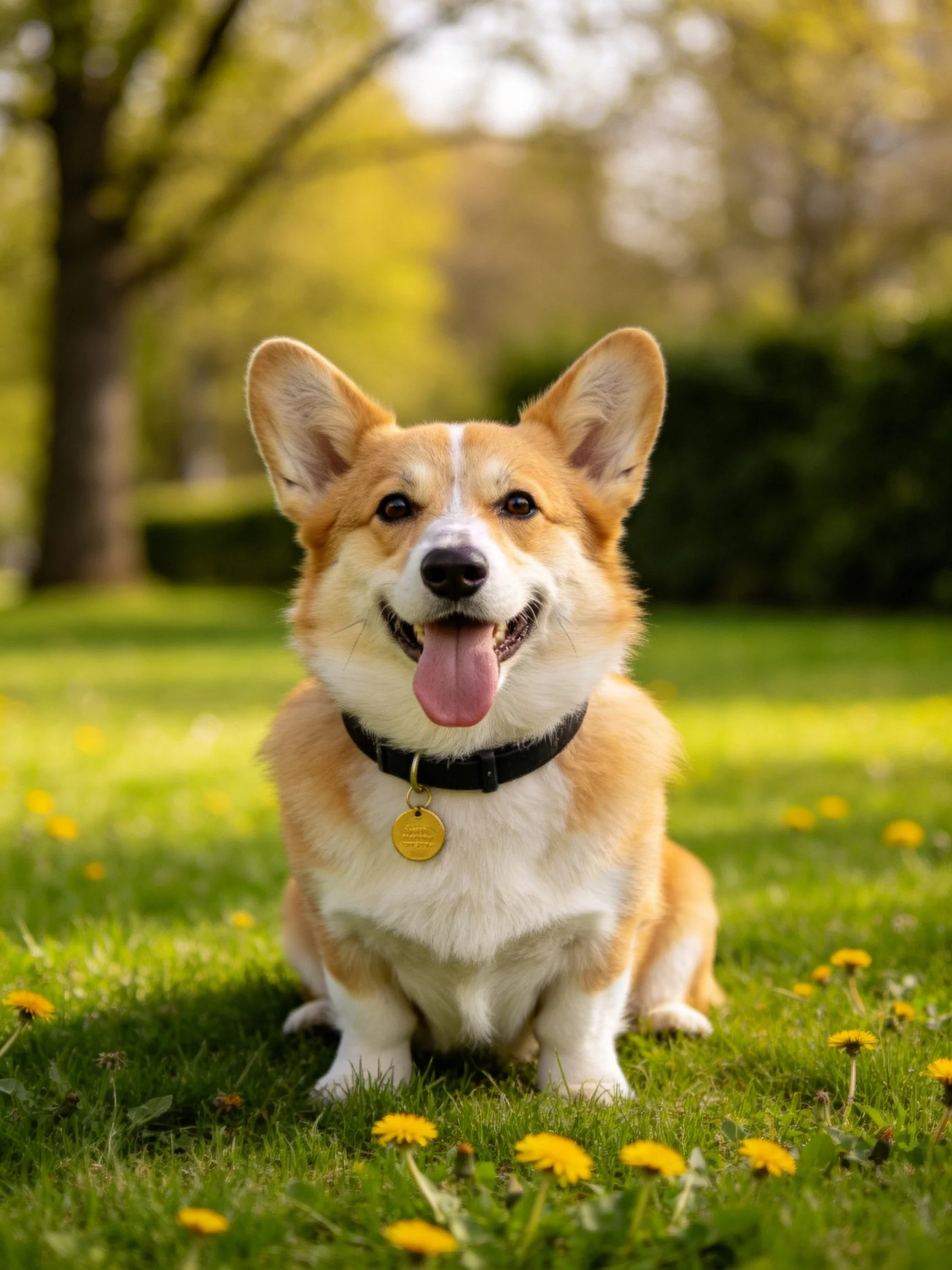 A happy corgi sits among yellow flowers in a sunny outdoor setting.