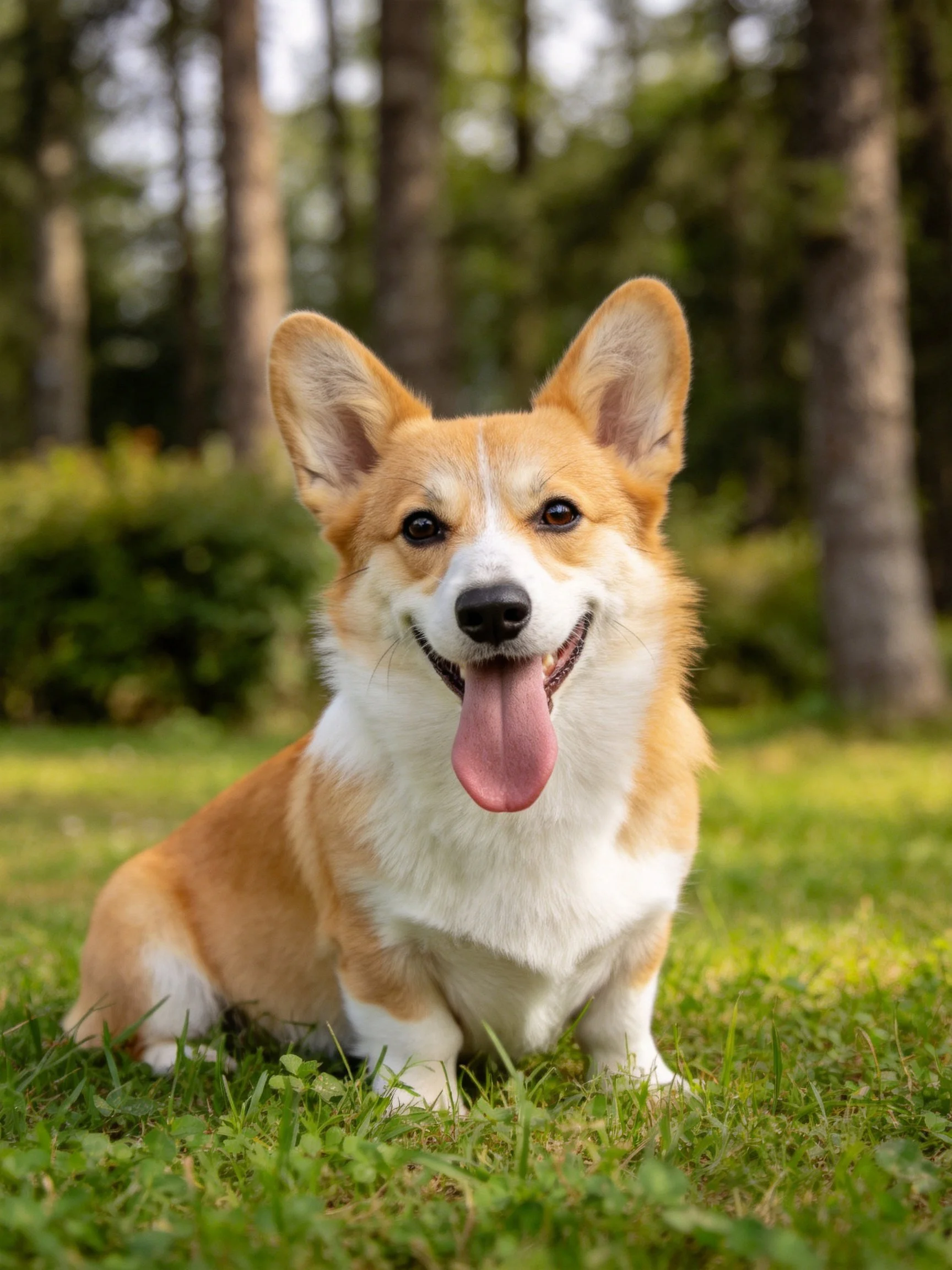A tan and white corgi sits happily on grass near trees