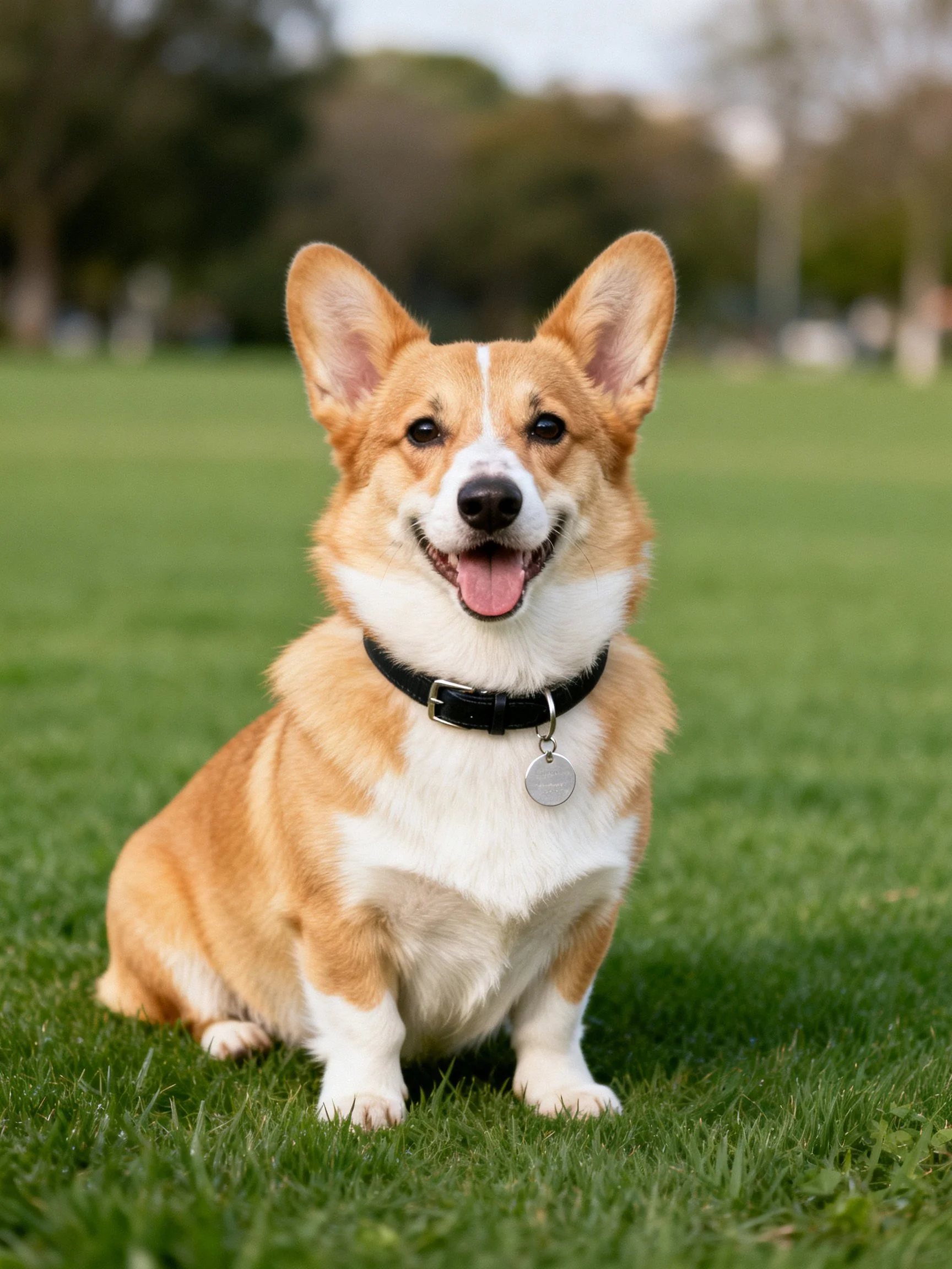 A cheerful tan and white corgi sits on green grass outdoors