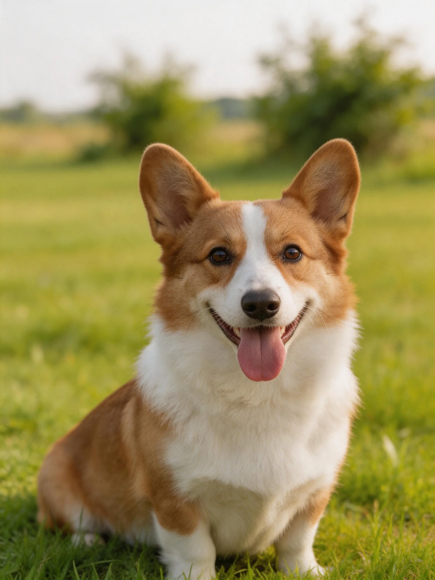 A cheerful tan-and-white corgi sitting on green grass outdoors