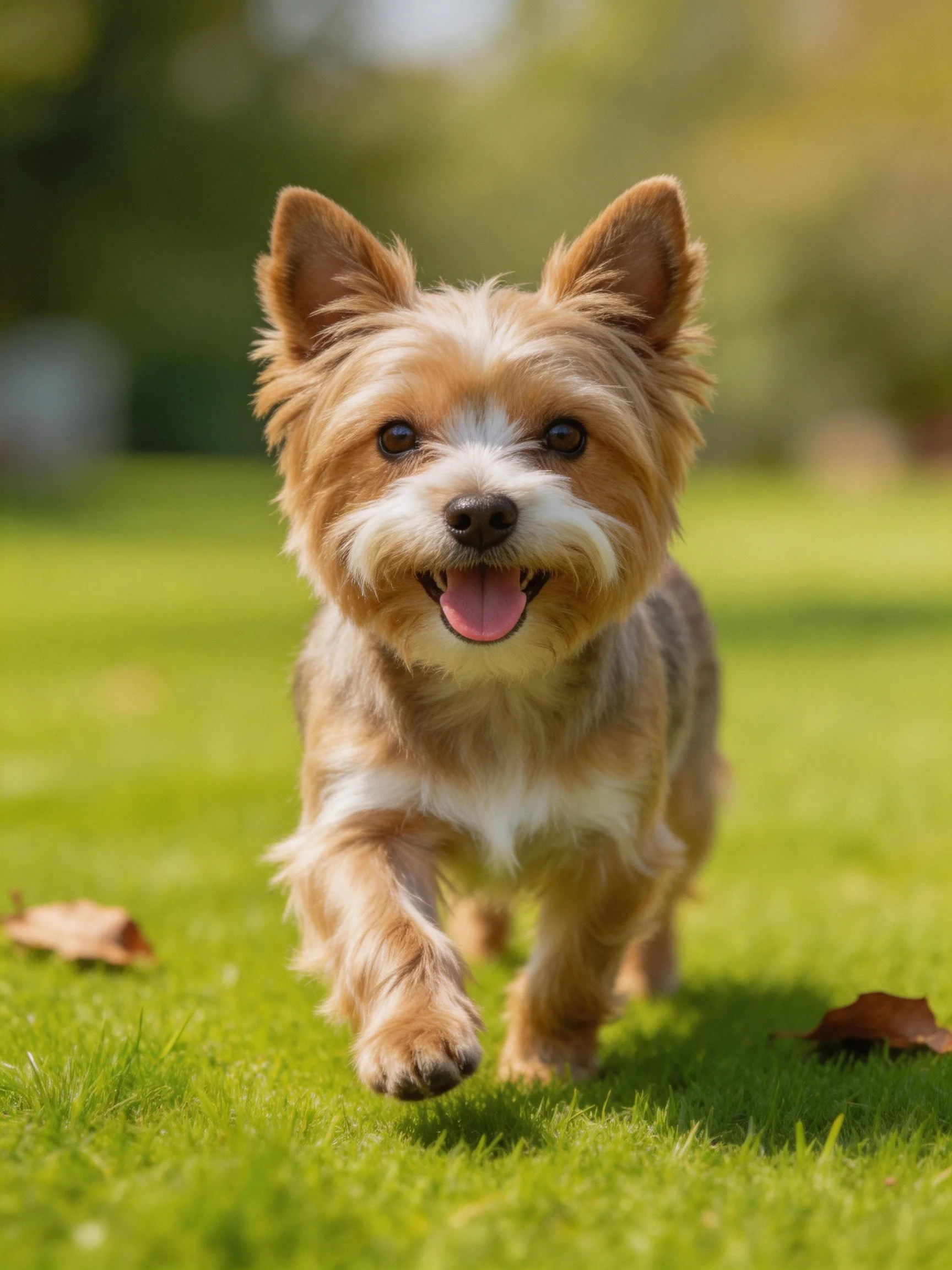 A happy small dog runs joyfully on a sunny grassy area.
