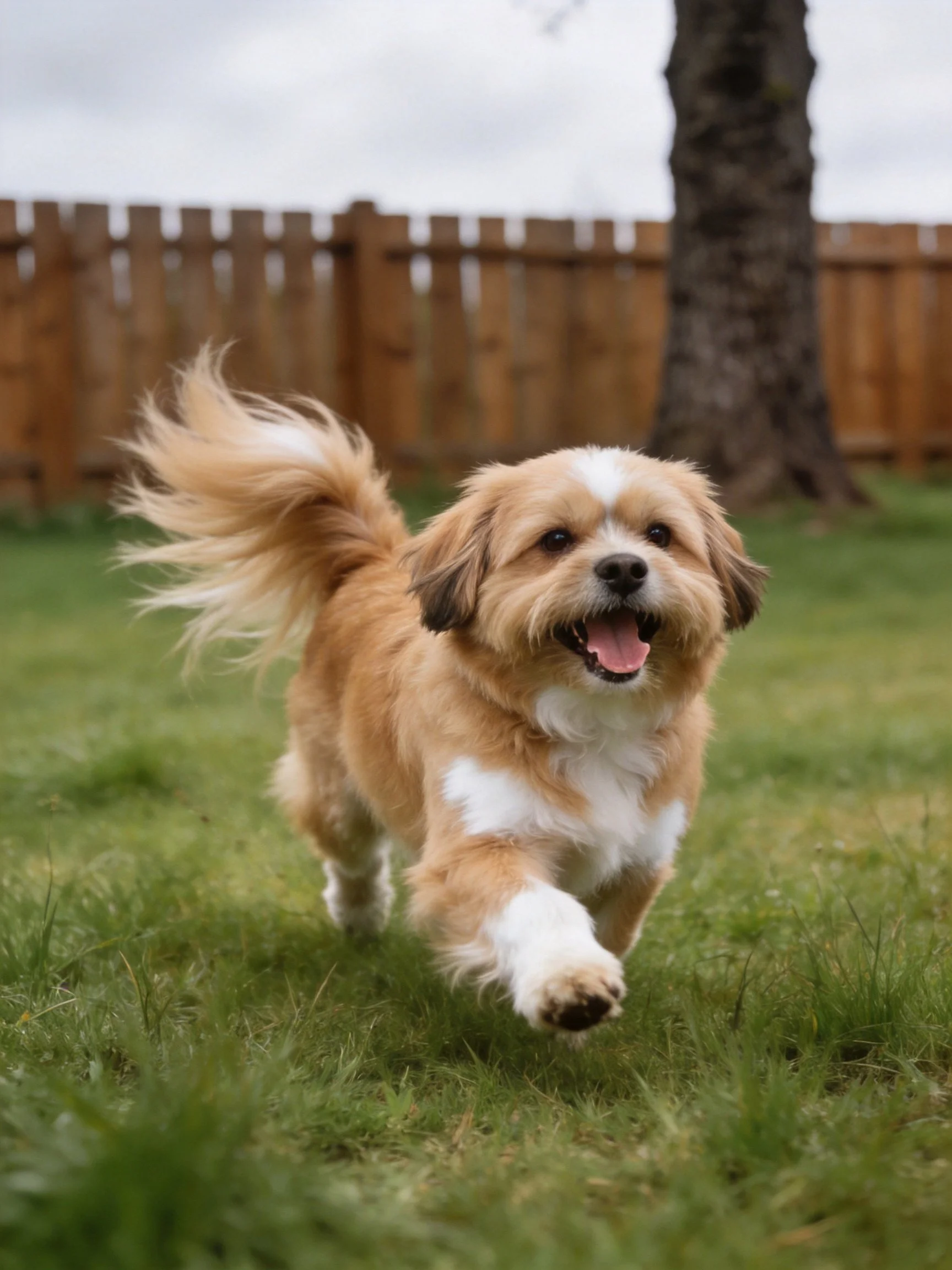A joyful tan and white dog runs across a grassy yard near a wooden fence.