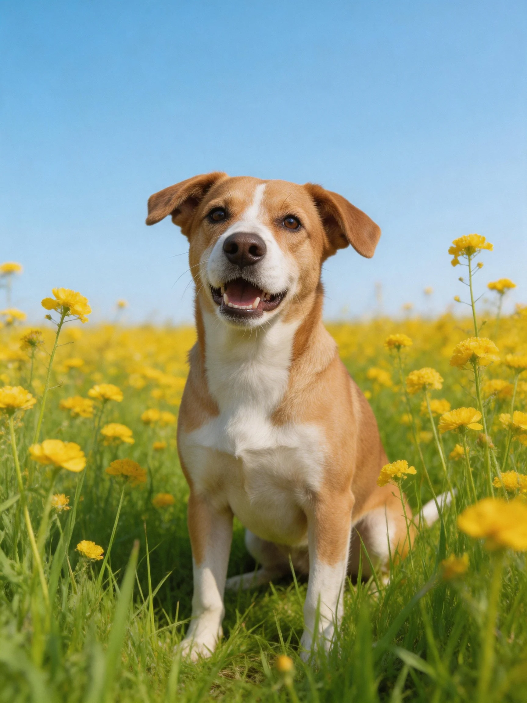 A happy tan and white dog rests in a sunny field filled with yellow blooms.