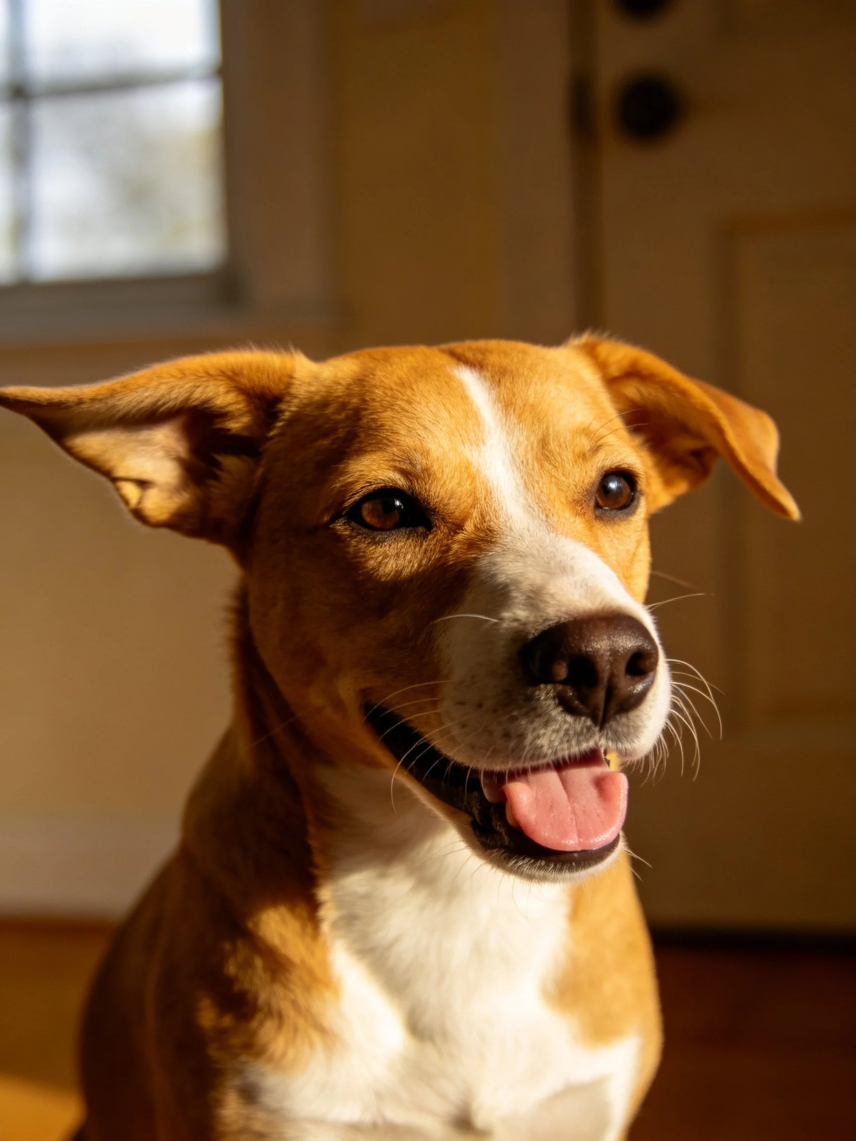 A happy tan and white dog sits indoors with tongue out.