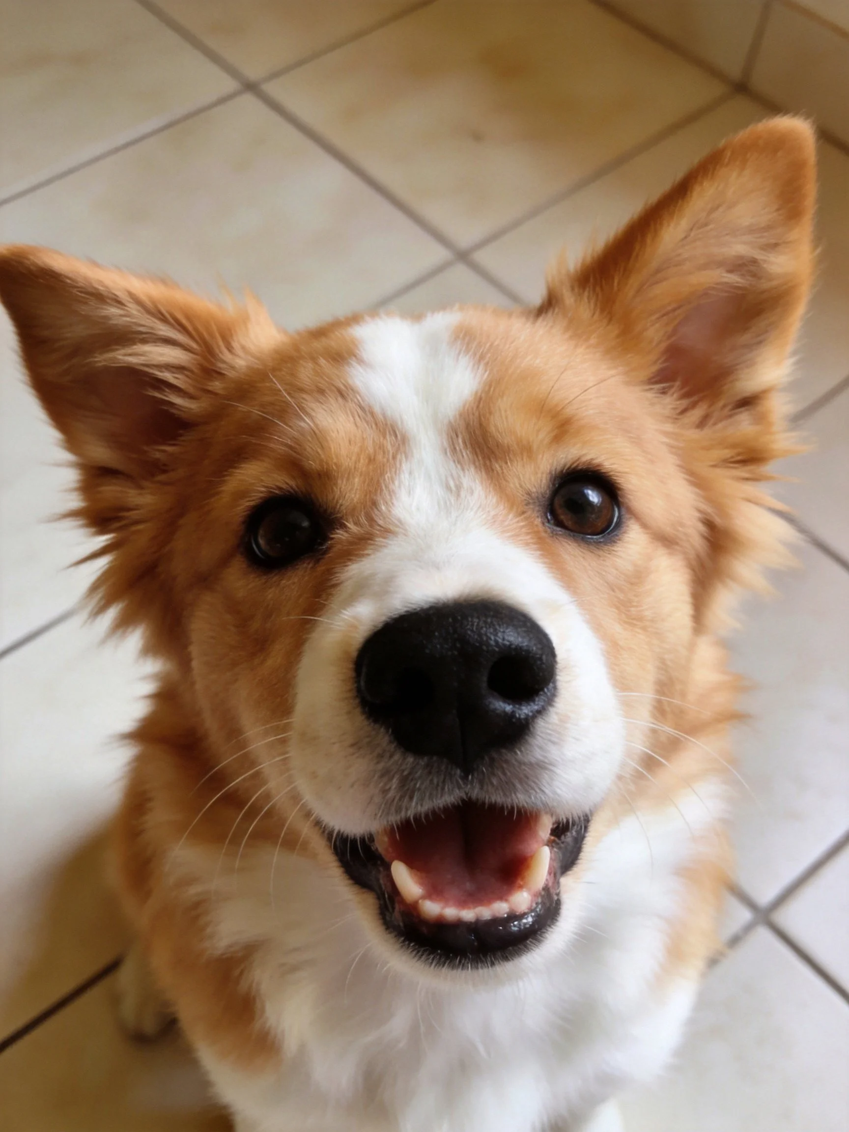 A happy tan and white dog looks upward with an open mouth on a tiled floor.