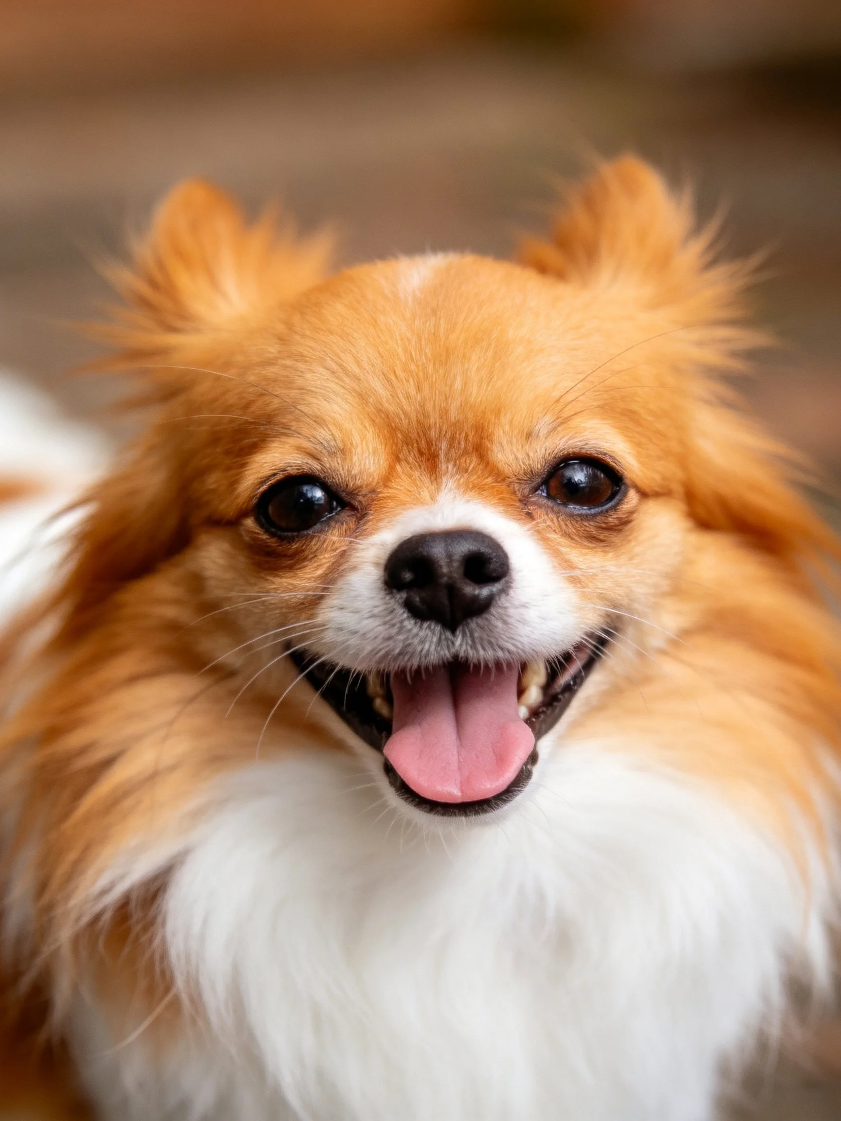 A small dog smiles broadly in a close - up photo.